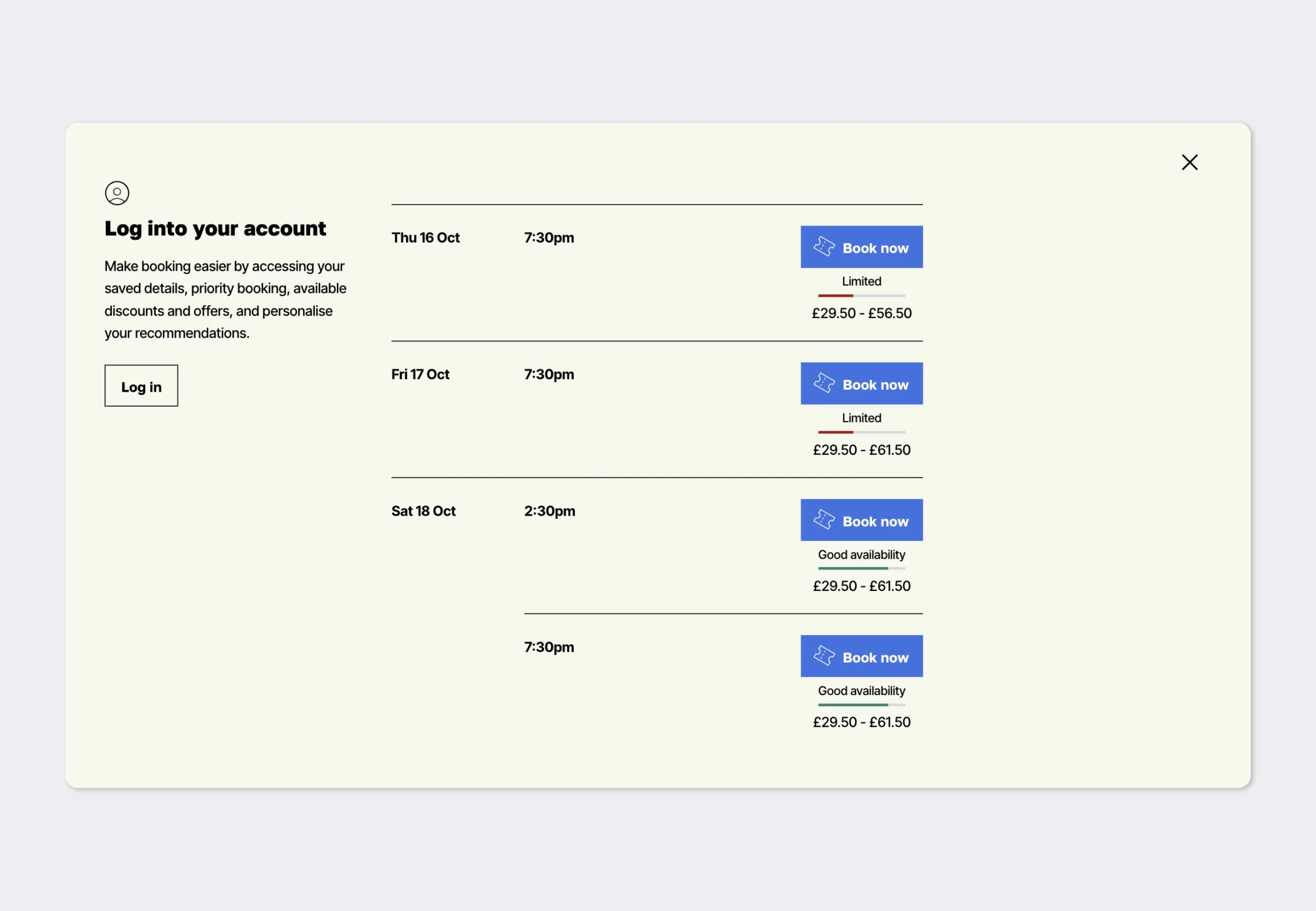 Screenshot of event booking information on website.