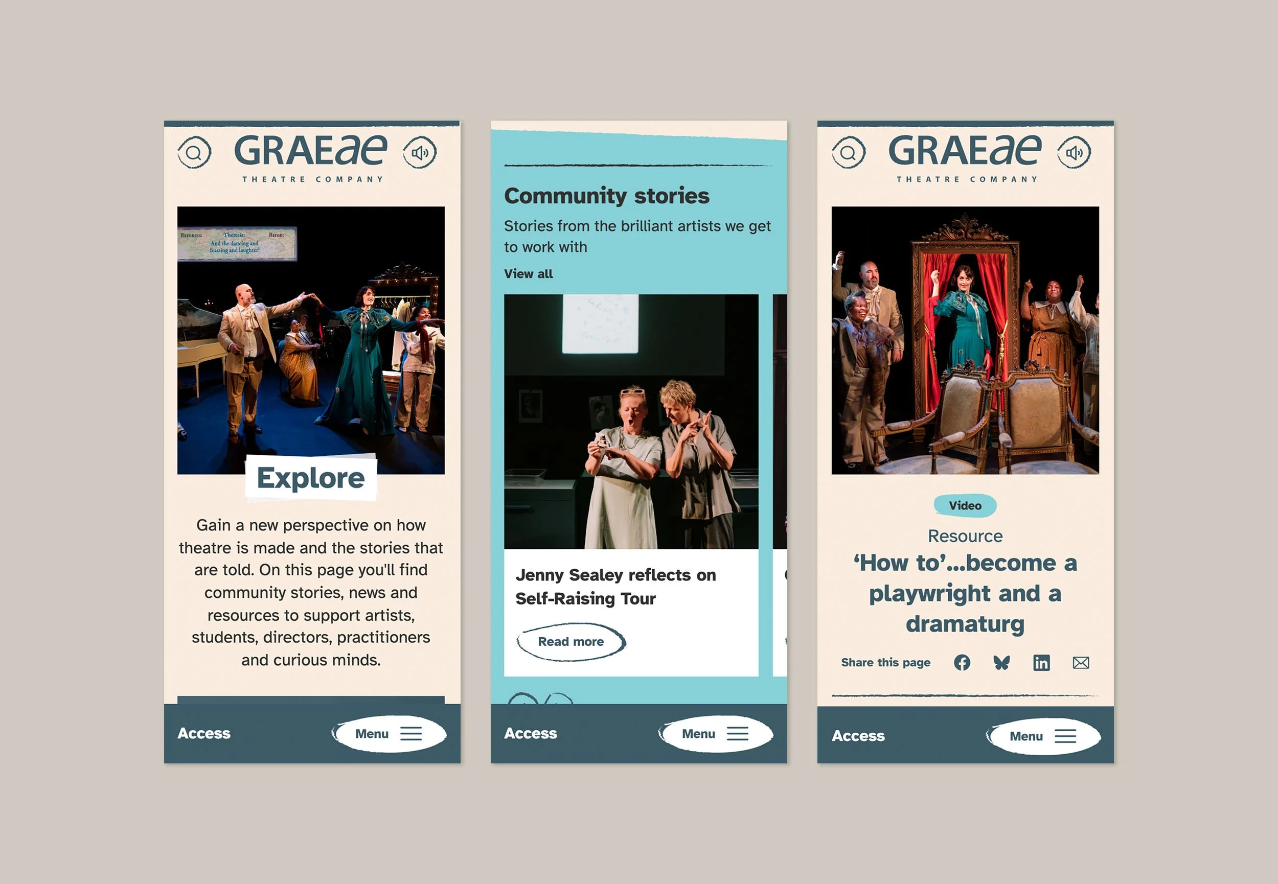 Three visuals displaying the Explore section of the Graeae website.
