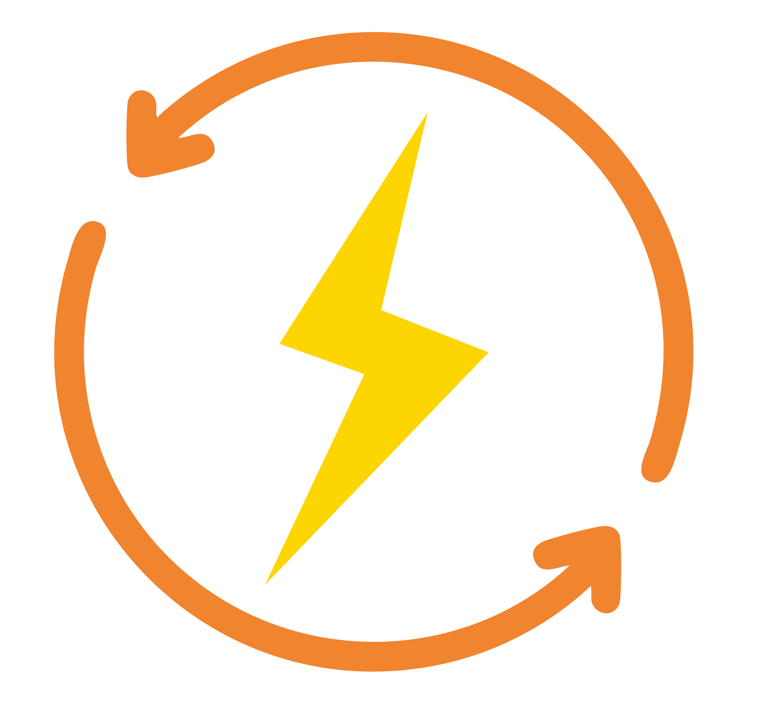 A gauge with an orange circular border, black background, yellow lightning bolt in the center, and two orange arrows indicating a cycle.
