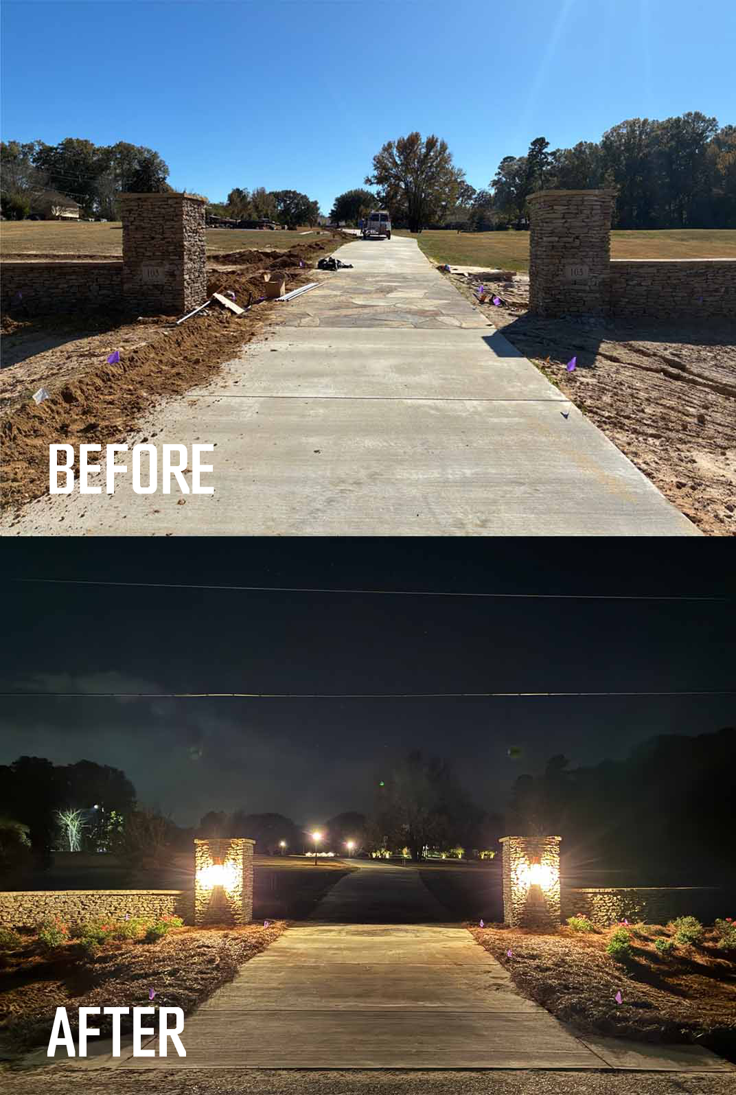 Side-by-side comparison of a concrete driveway before and after nighttime lighting installation. The "Before" image shows the driveway during the day with unlit stone pillars and construction supplies, while the "After" image shows the same driveway 