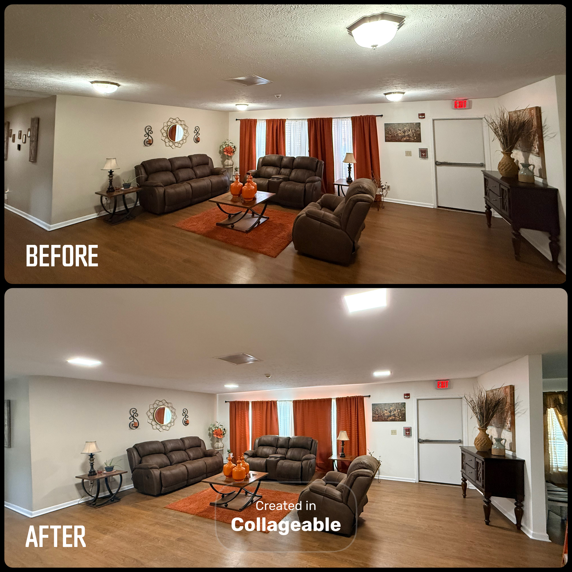 Living room before and after editing, showing furniture, curtains, wall decor, and ceiling lights.