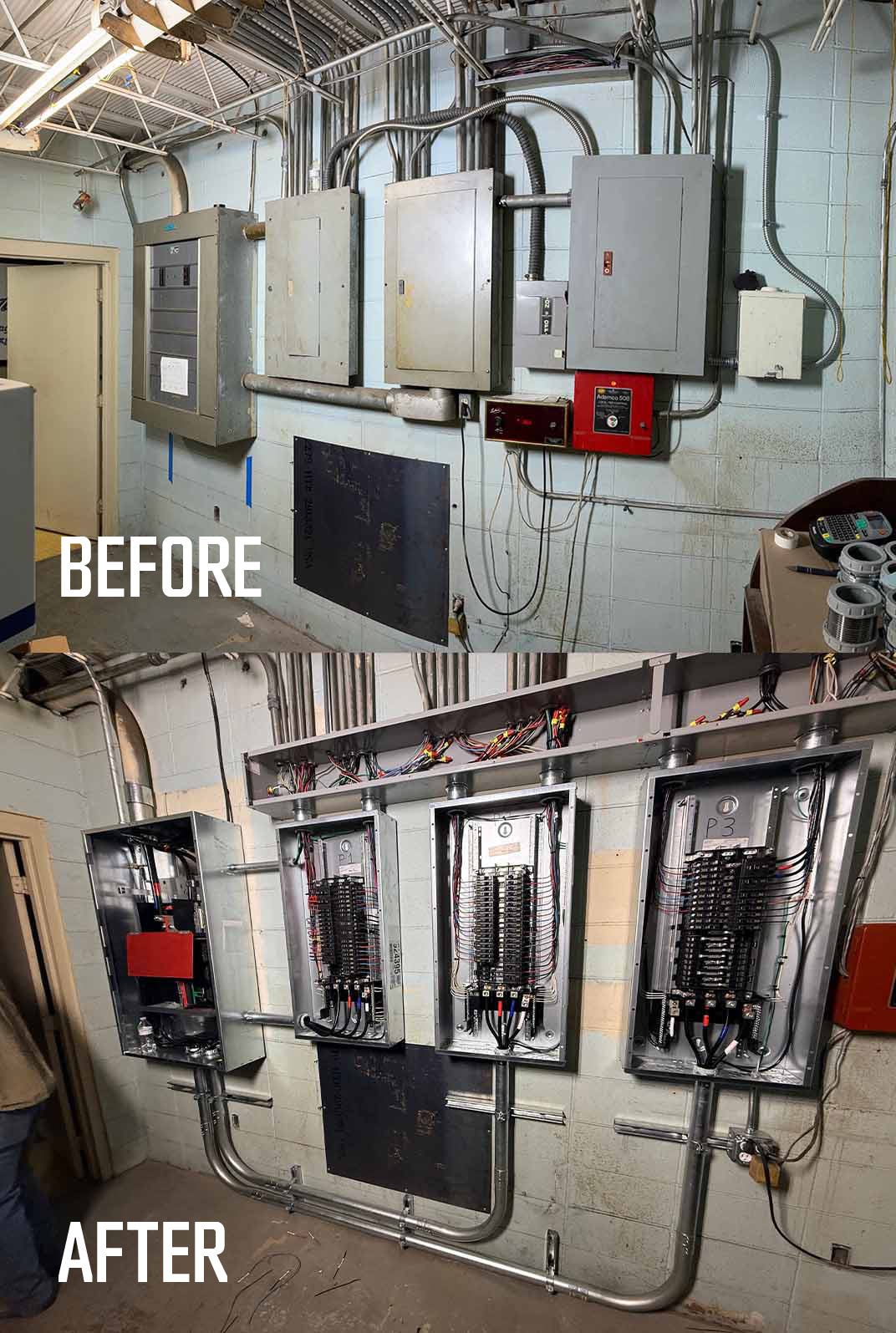 Comparison of electrical control panel area before and after upgrade, showing new wiring and electrical panel installation.
