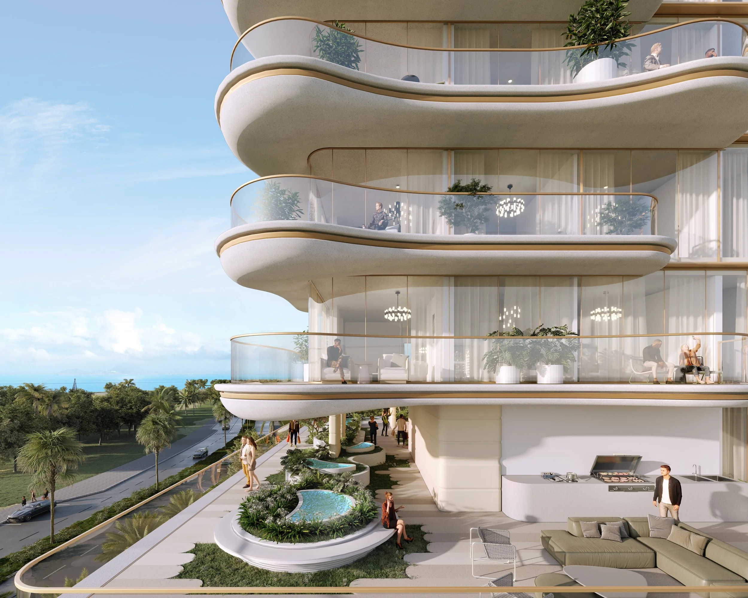 Modern multi-story residential building with rounded balconies, glass railings, and outdoor amenities like a lounge area, pool, and lush landscaping in a tropical setting.
