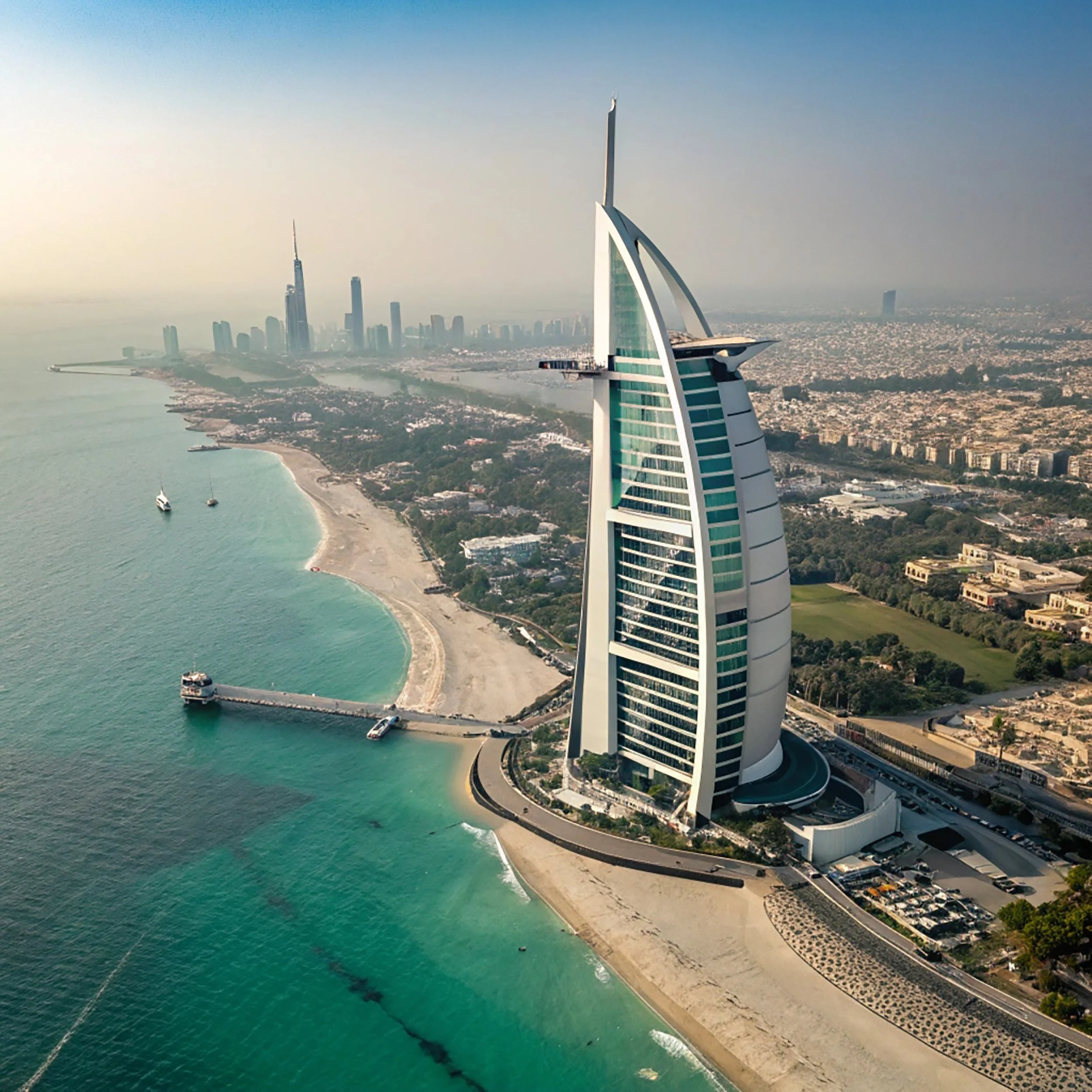 Aerial view of the Burj Al Arab hotel in Dubai, located on an artificial island off the coast, with a sandy beach, turquoise water, and the Dubai skyline in the background.