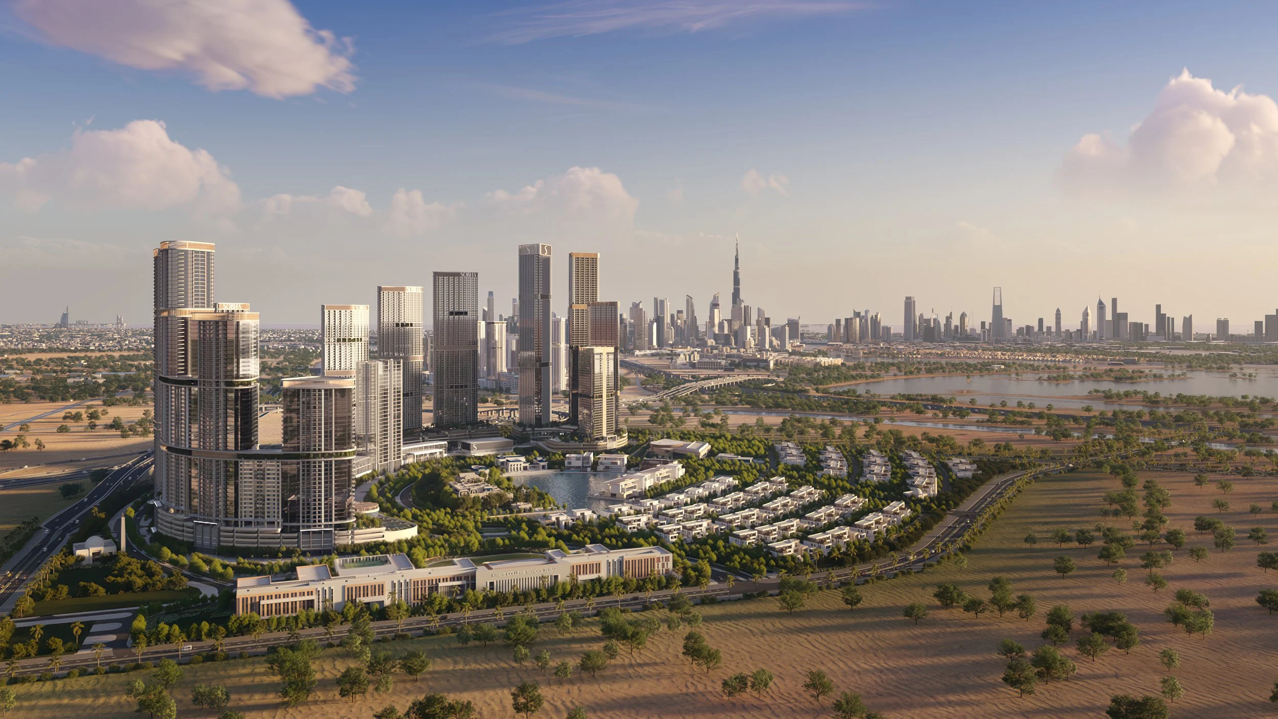 A city skyline with tall skyscrapers, a body of water, and a mix of green and sandy land in the foreground.