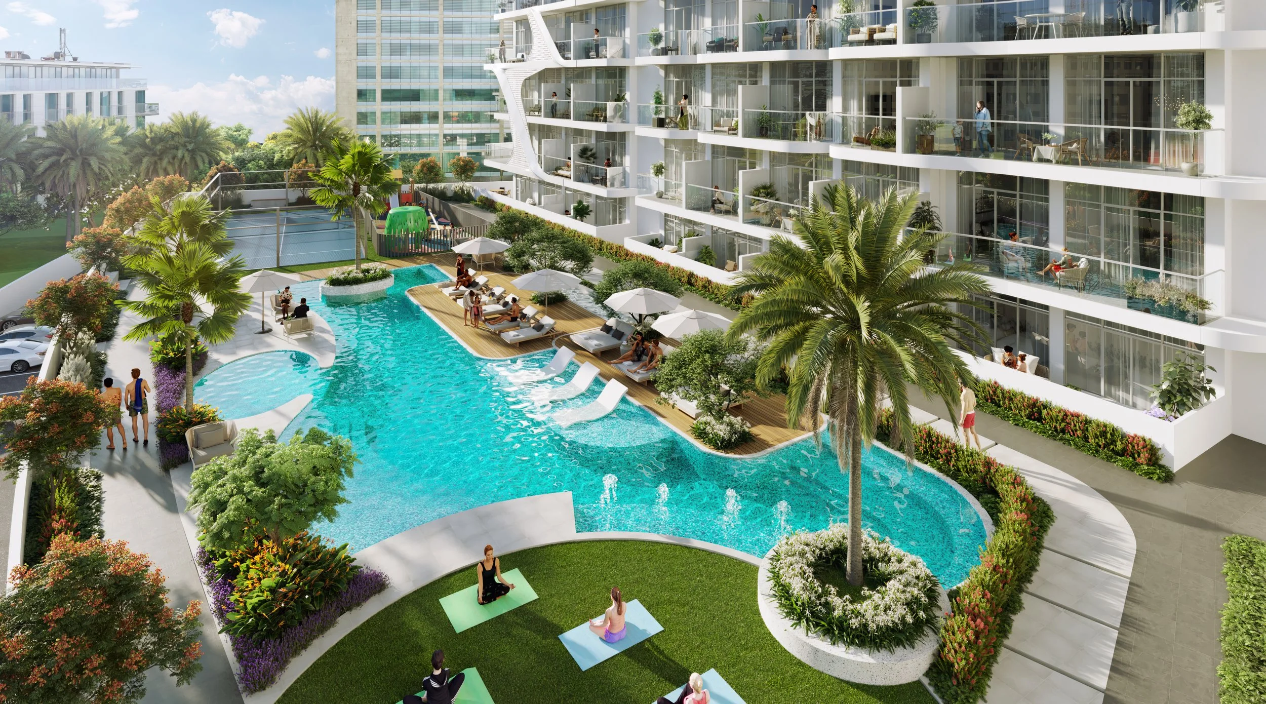 A modern apartment complex with a large outdoor pool area, palm trees, lounge chairs with umbrellas, a children’s play area, and residents relaxing or swimming; top-floor balconies overlooking the pool.