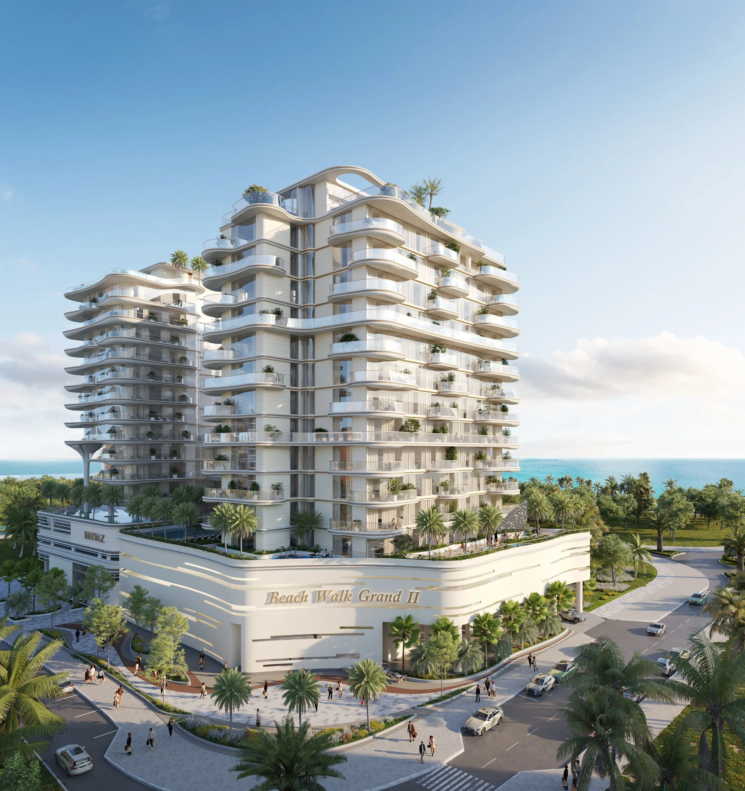Modern beachfront luxury residential building named Beach Walk Grand II with curved balconies and tropical landscaping, ocean in the background.