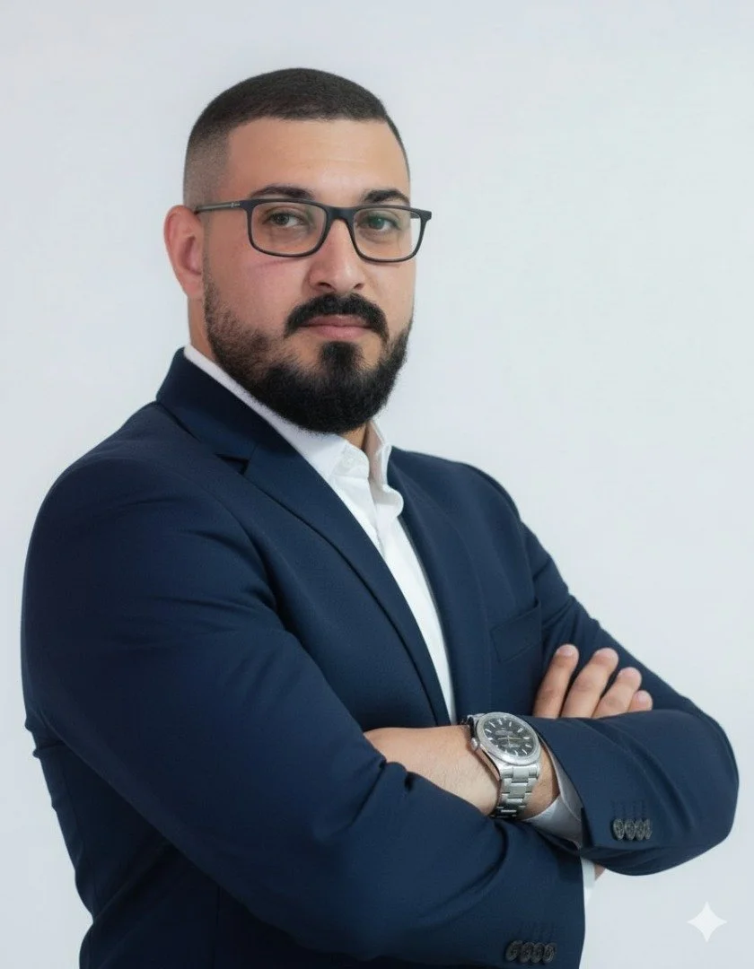 A man with glasses and a beard wearing a navy suit with arms crossed, standing against a plain white background.