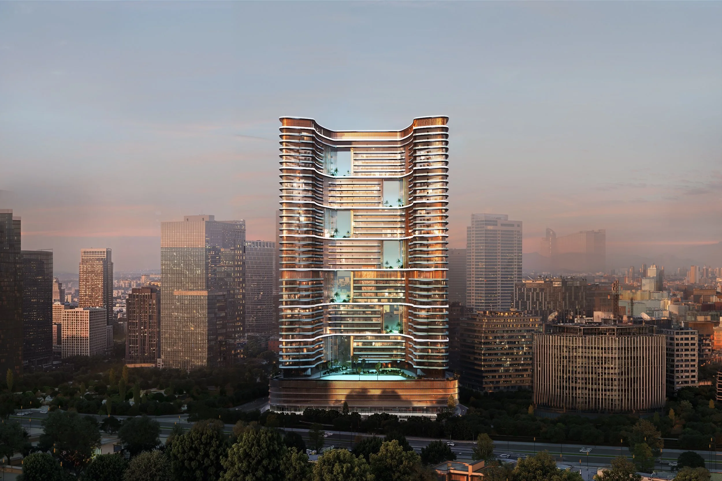 A modern high-rise building with a distinctive curved design and glass exterior, illuminated at dusk, surrounded by other skyscrapers in an urban cityscape.