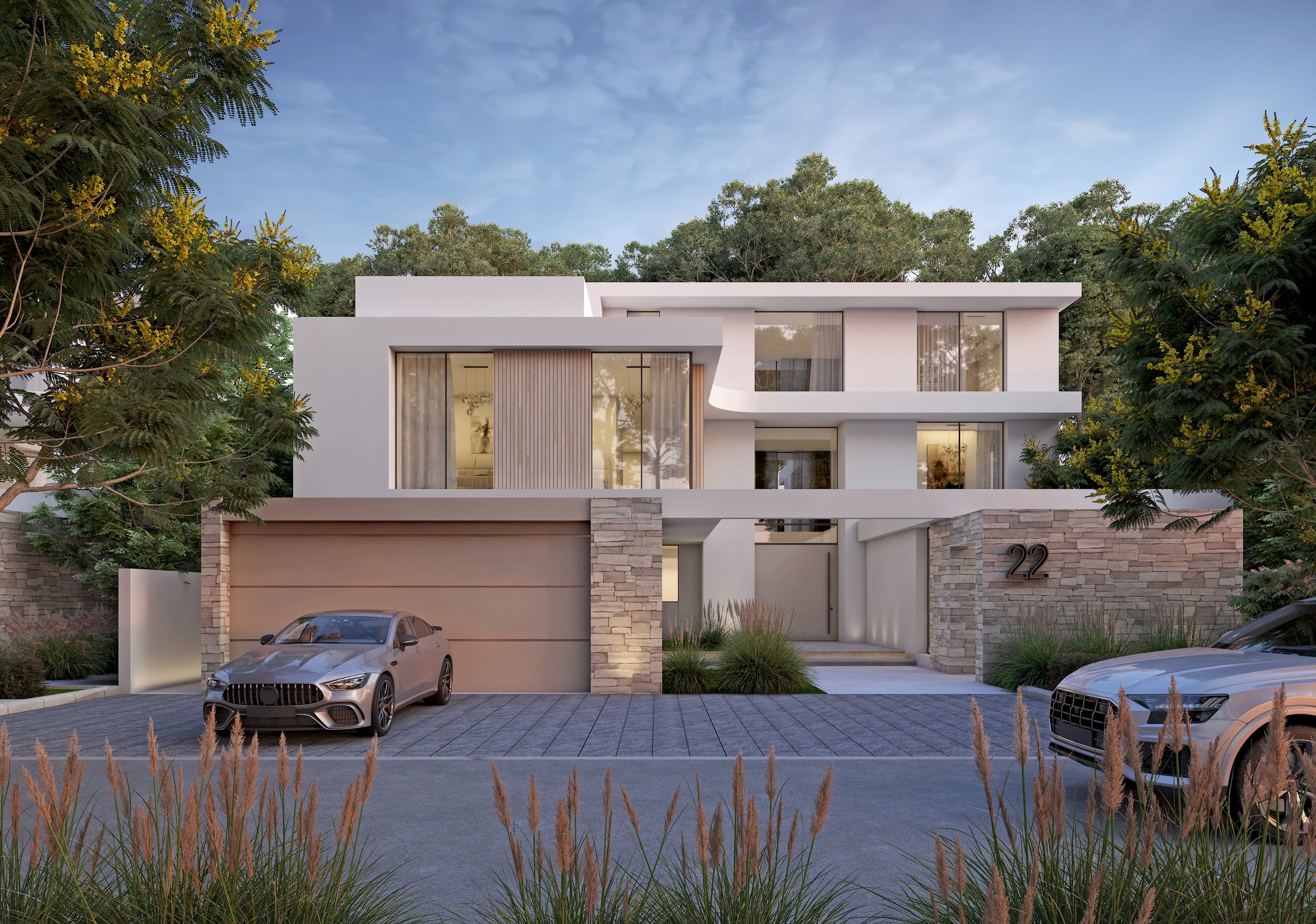 Modern two-story house with a garage, surrounded by trees and plants, and two parked cars in front.