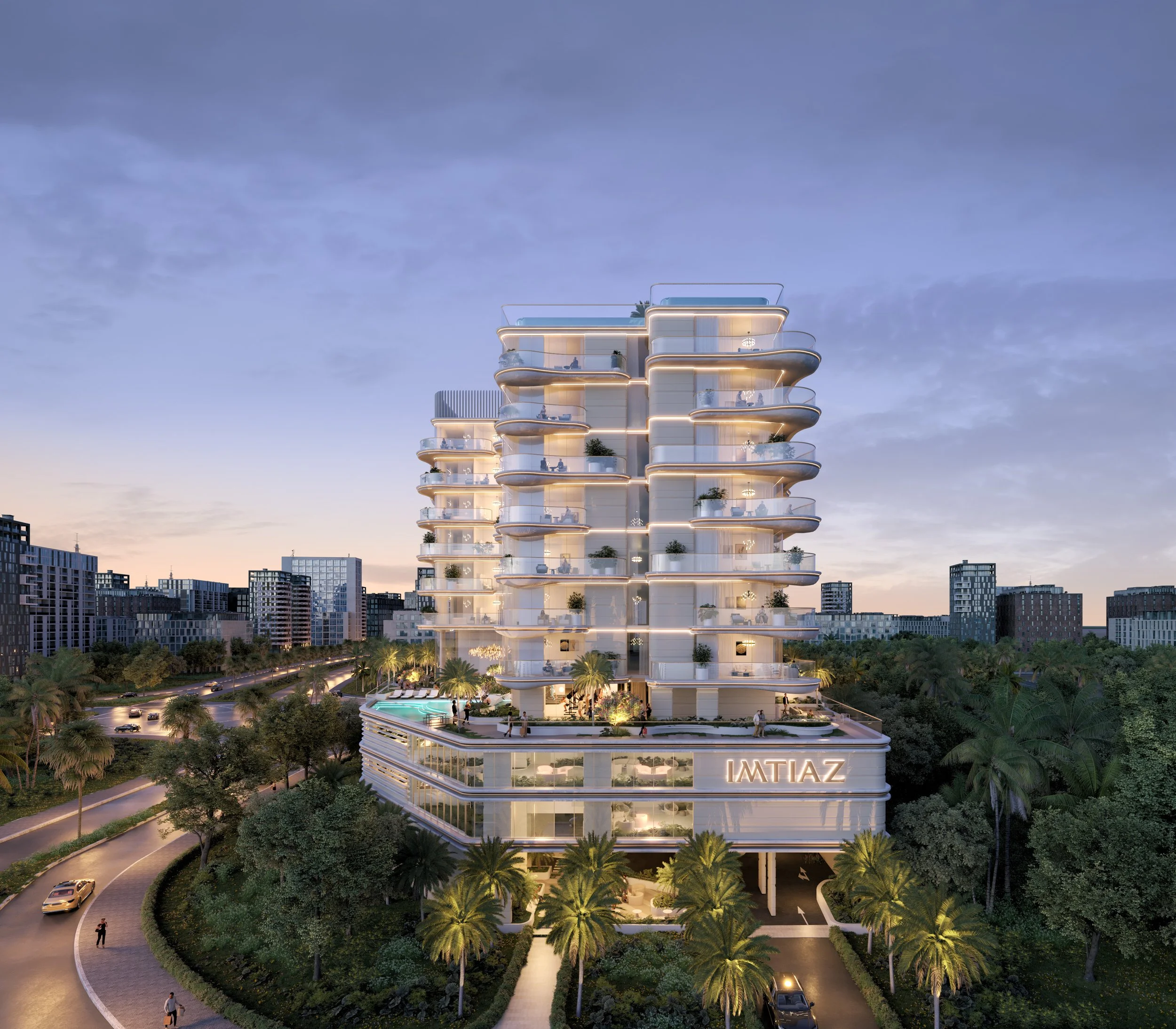 Luxury modern multi-story residential building with curved balconies, surrounded by tropical palm trees, with cityscape in the background at dusk.