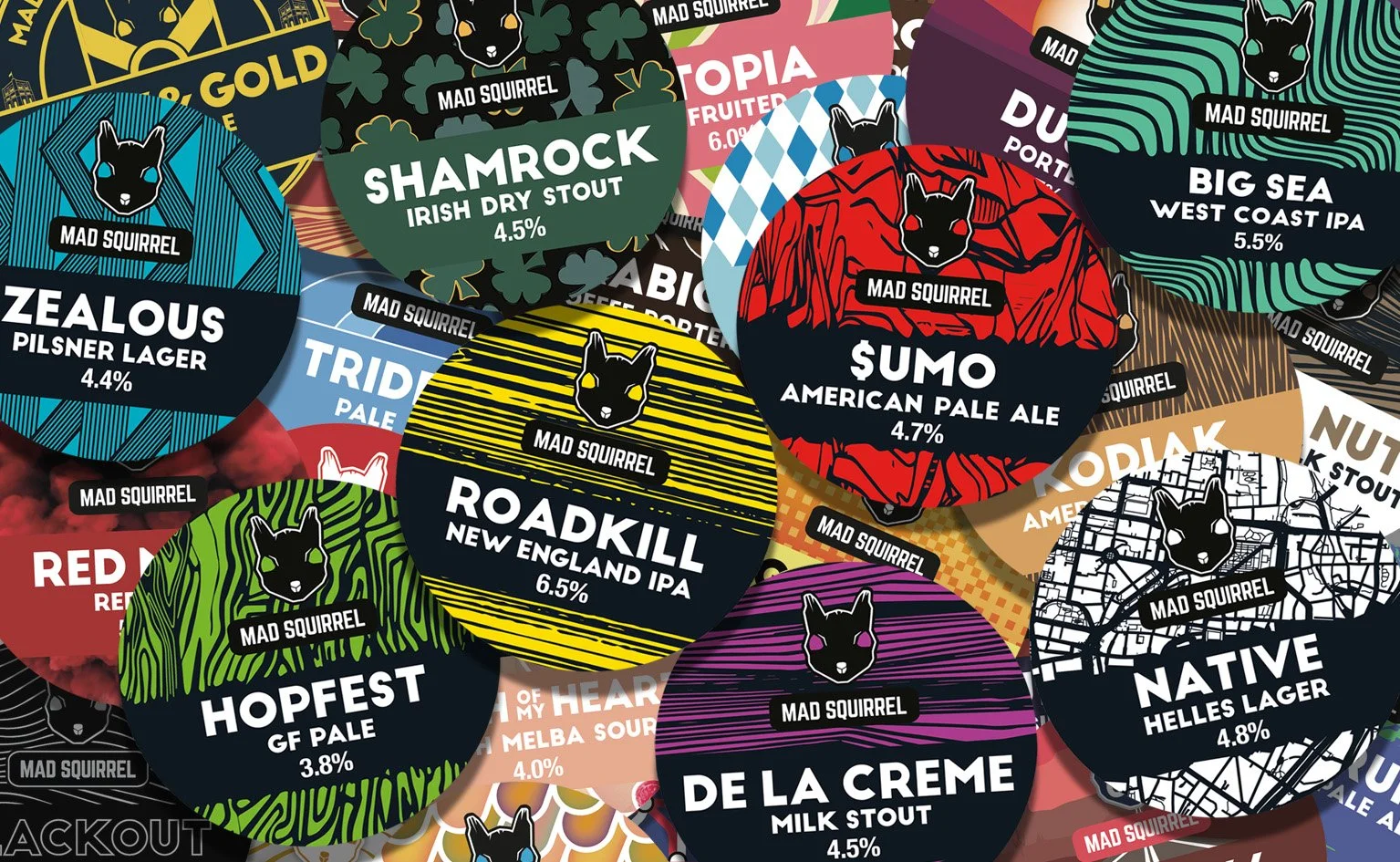 Mad Squirrel beer labels collage, featuring various beer names and styles, including Shamrock Irish Dry Stout, Roadkill New England IPA, Sumo American Pale Ale, and others.