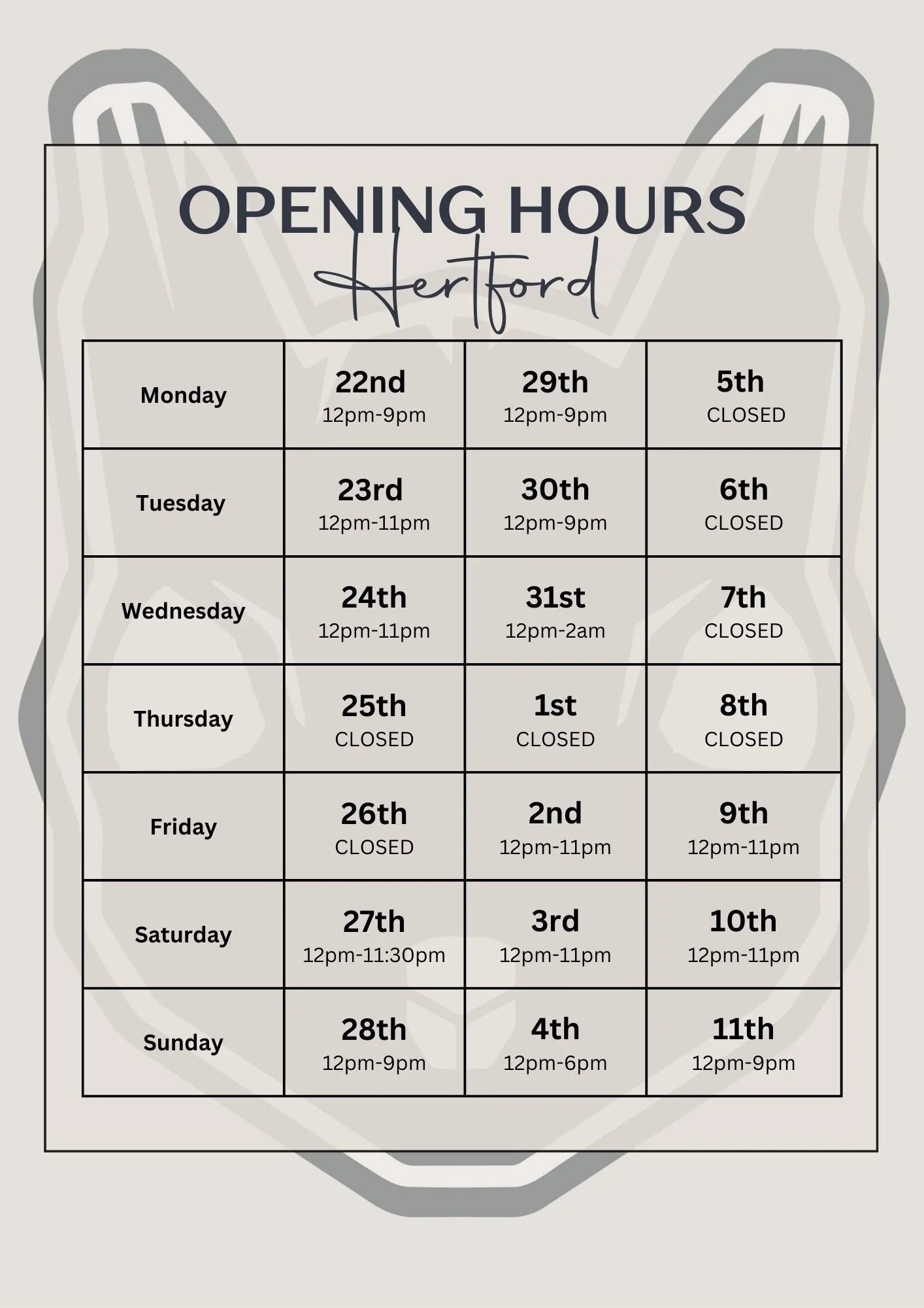 Sign displaying the opening hours over the Christmas and New Year period.
