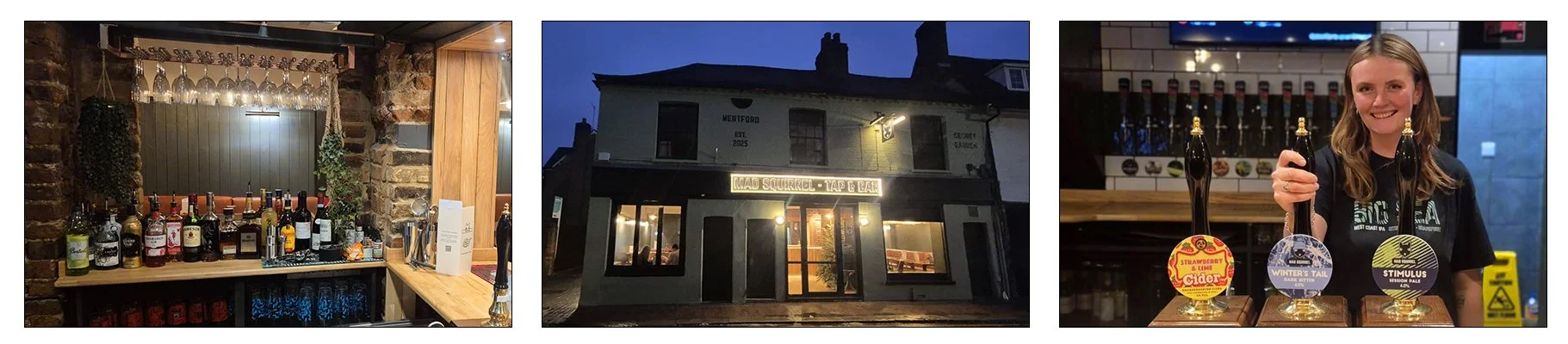 Three images showing Hertford taproom; the bar inside, the outside of the building at night and Jade behind the bar smiling