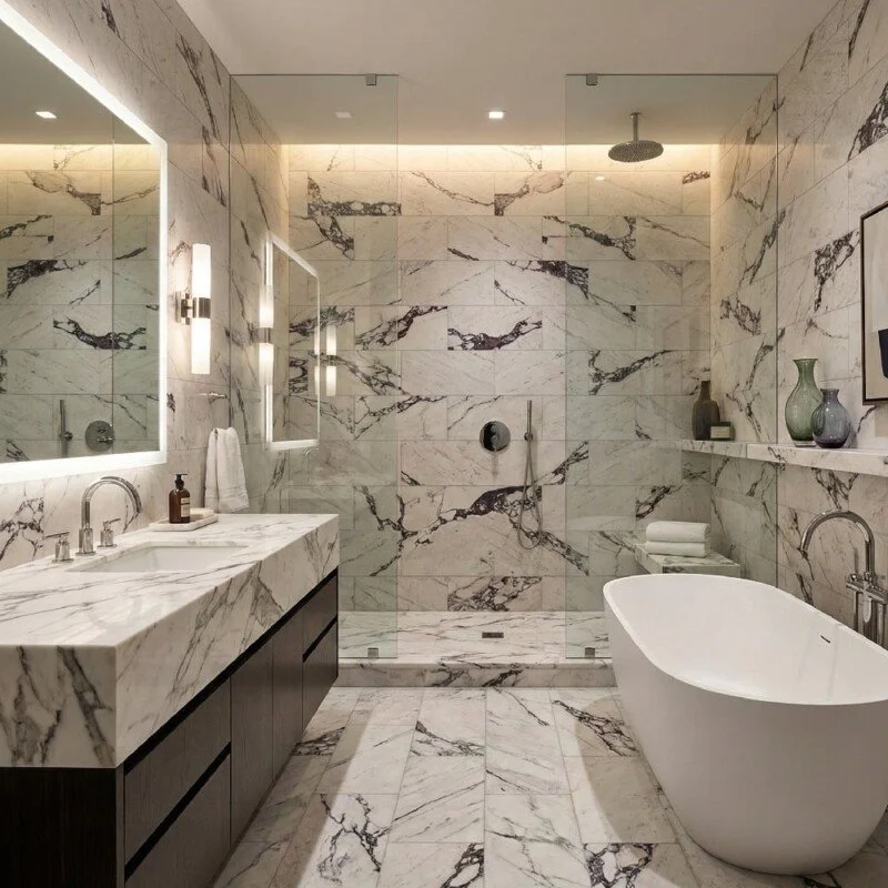 Viola Calcutta marble tile bathroom Marble Systems Chicago North Side