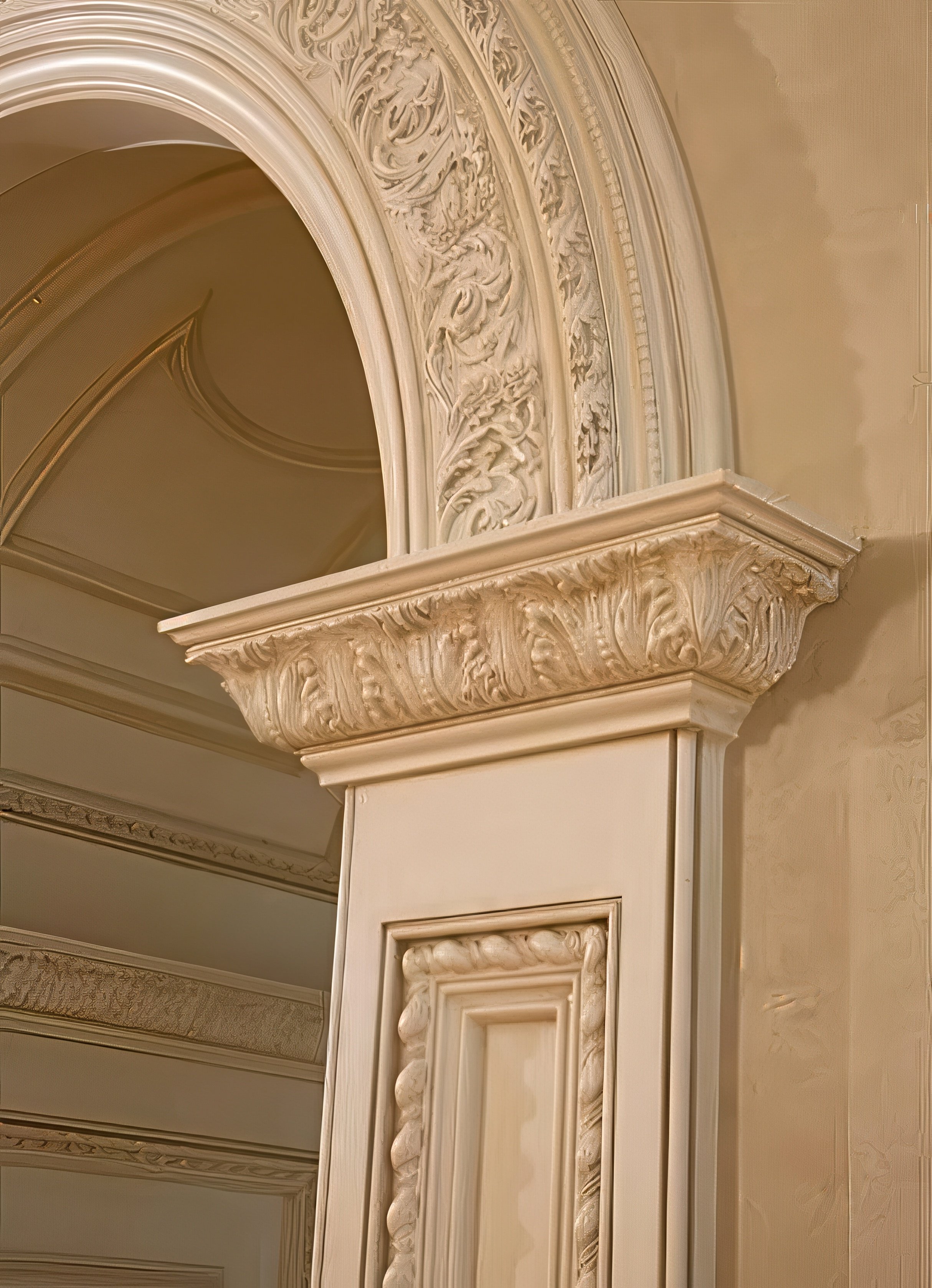 Close-up of ornate, cream-colored architectural molding and archway with intricate carvings and decorative details.