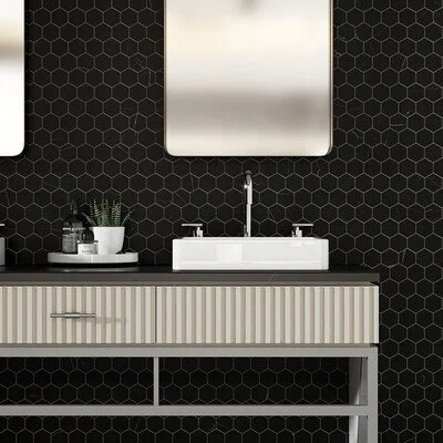 Black honed hexagon marble mosaic bathroom tile Chicago showroom Heritage Home Supply