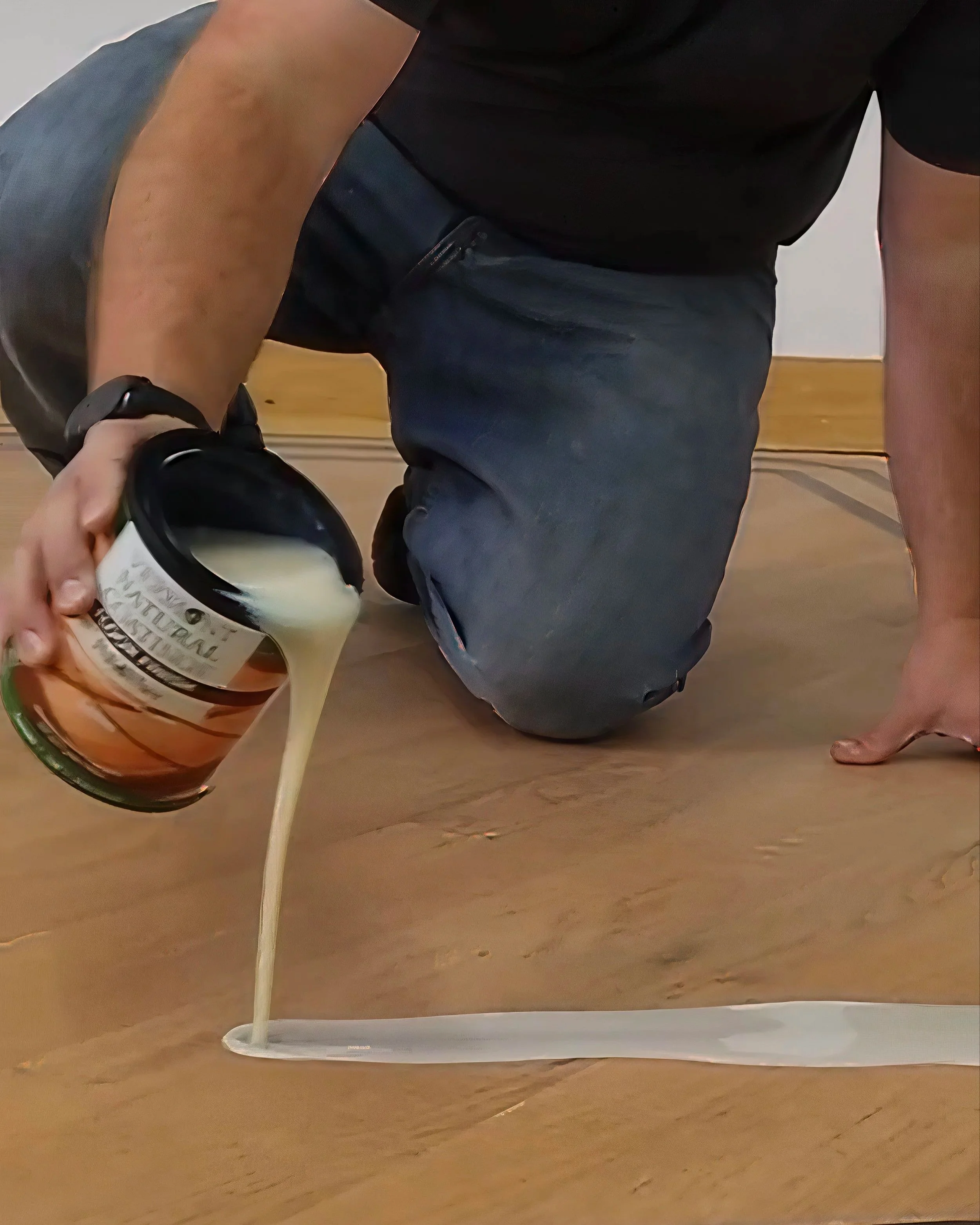 Person kneeling on a wooden floor pouring a creamy liquid from a mug onto the floor, creating a streak of liquid.