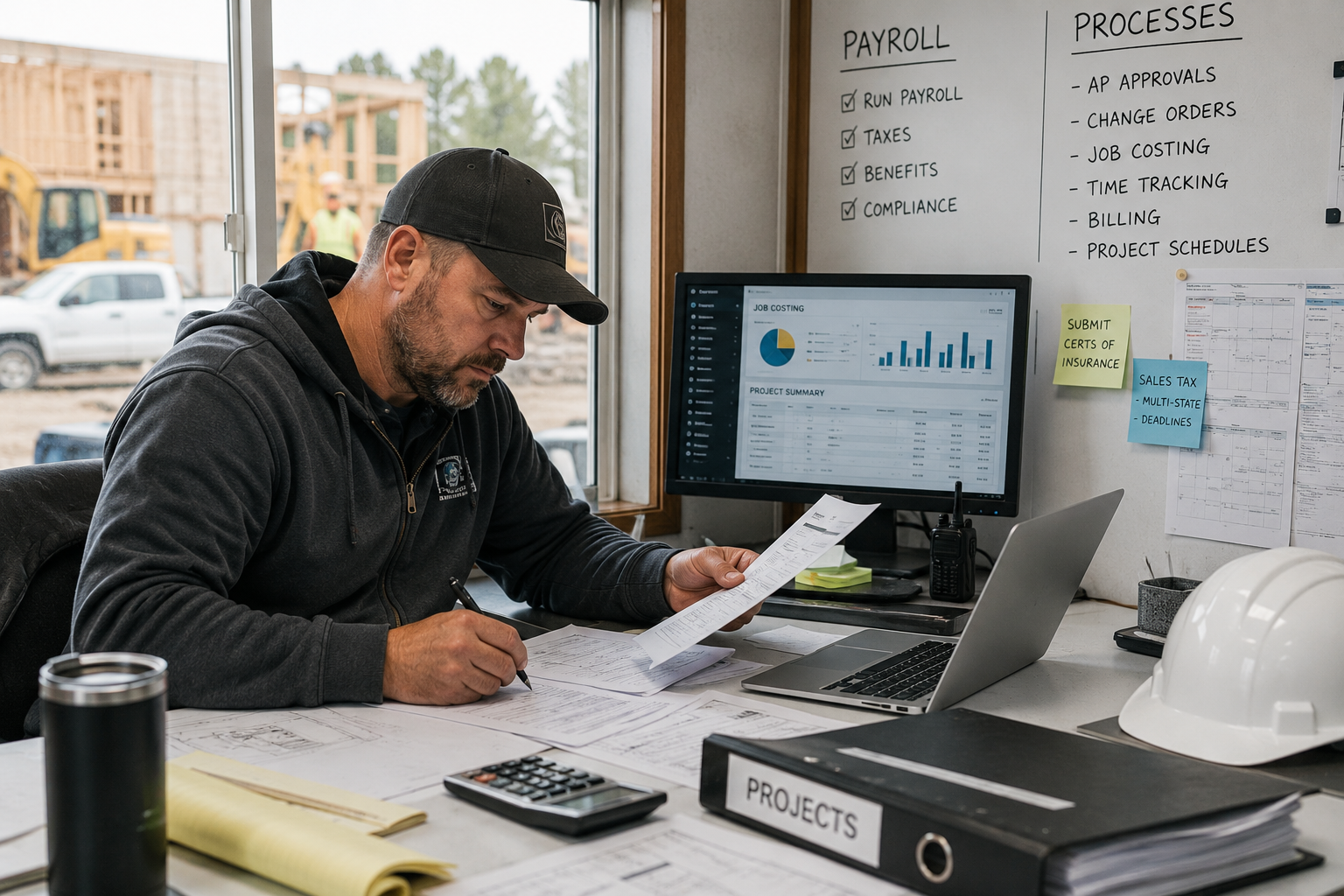 Alt Text:  Construction business owner managing payroll, project management, job costing, compliance, and operational workflows inside a construction office trailer using connected business systems and accounting software.