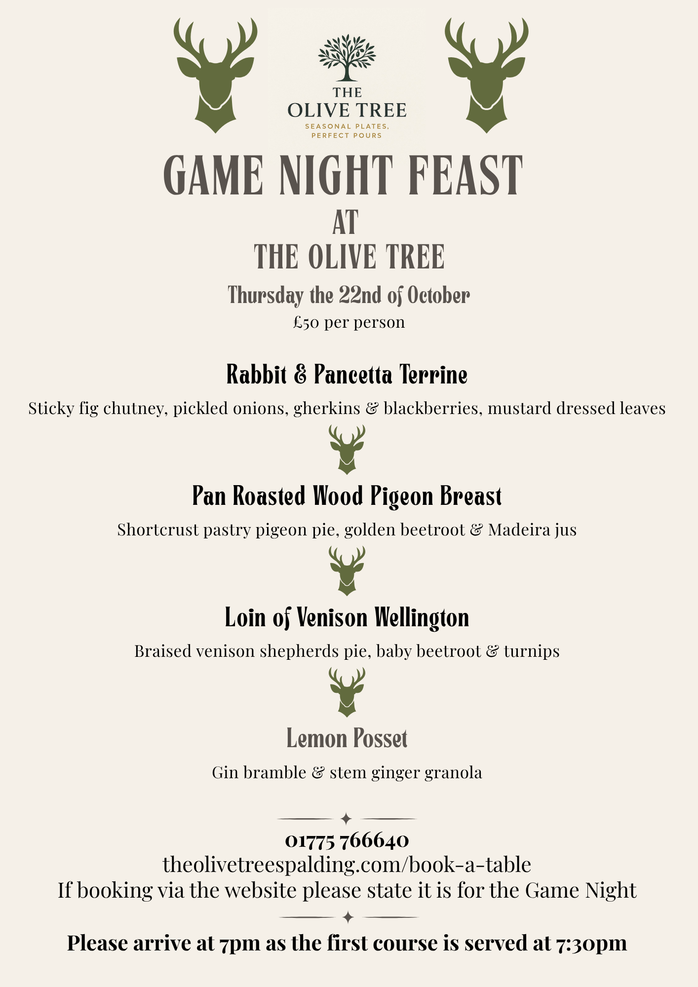 Game Night Feast at The Olive Tree Spalding – Thursday 22nd October