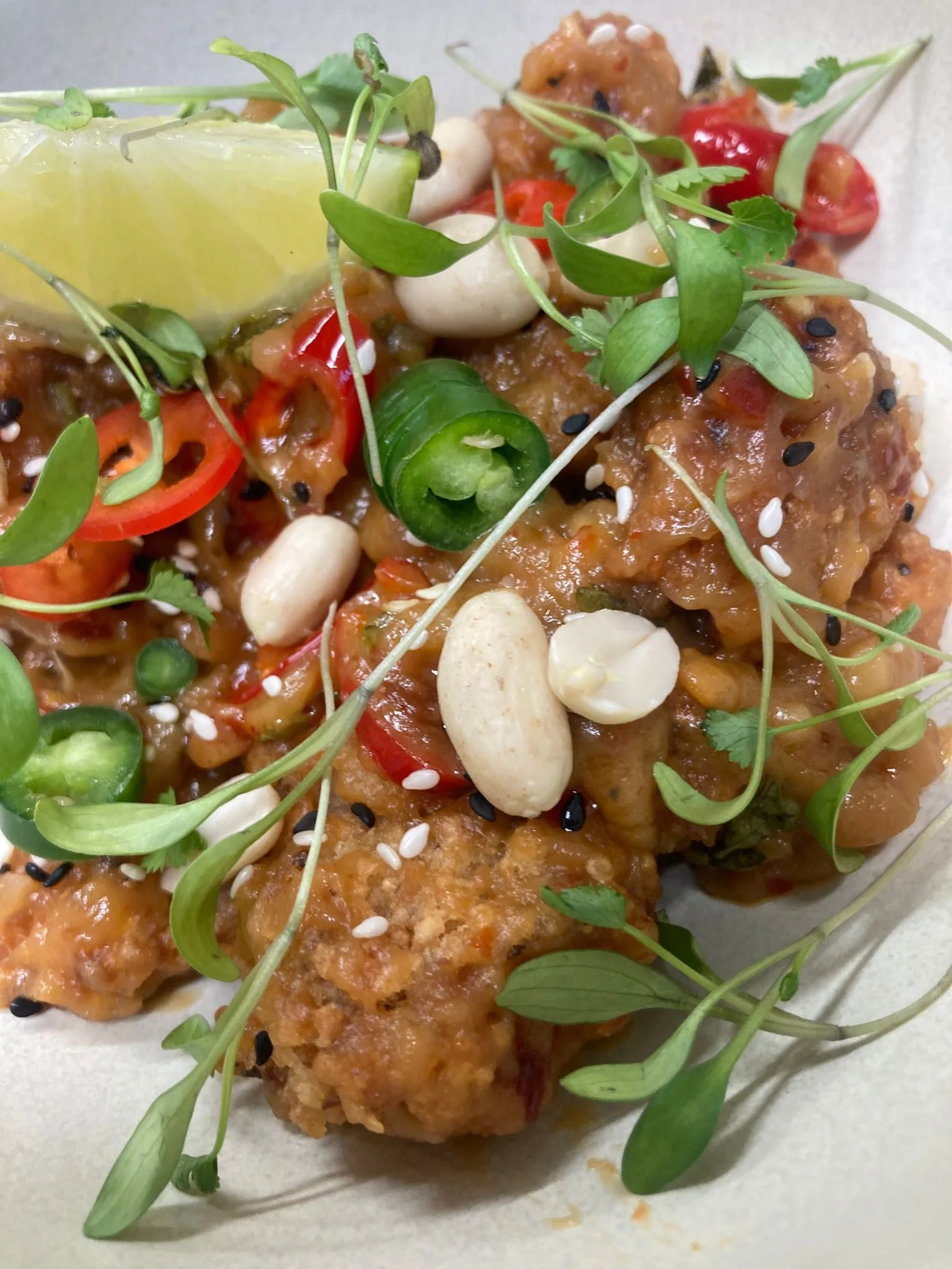 Close-up of a plate of Asian-style chicken topped with microgreens, sliced red chili, sliced jalapeño, white beans, sesame seeds, and a lime wedge.