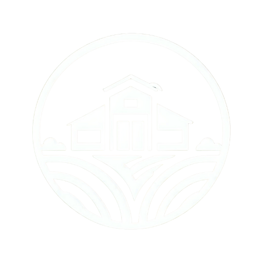 Icon of a barn with fields surrounding it, enclosed in a circle.