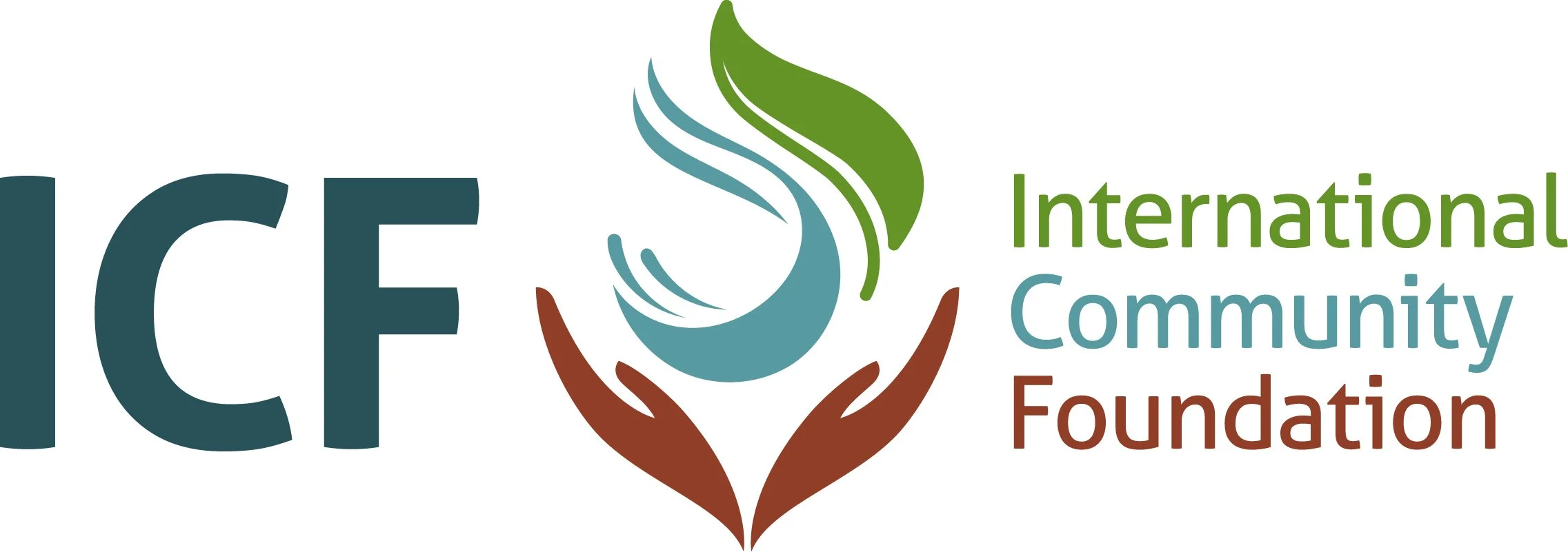 Logo of International Community Foundation featuring stylized hands and a leaf with the organization's name.