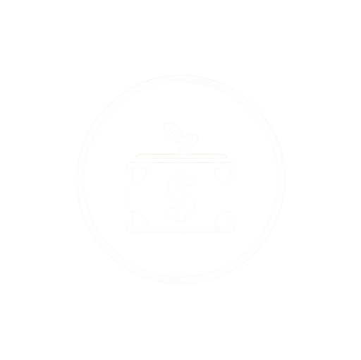 Icon of a money bill with a dollar sign and a small plant sprouting from it, enclosed in a circle.
