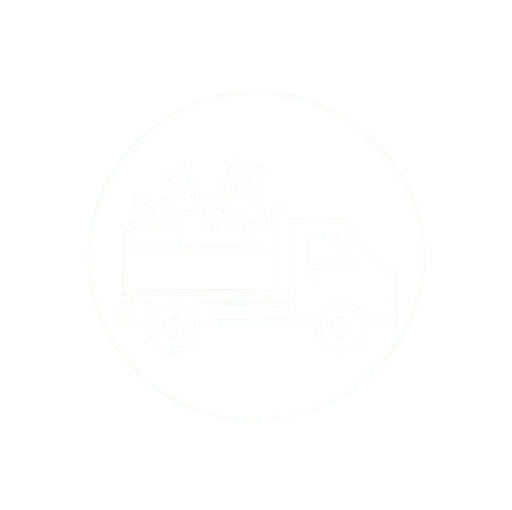 White line drawing of a delivery truck with vegetables inside, enclosed in a circle on a black background.