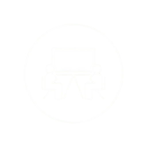 A simple white icon of two people sitting at a table facing each other, with a white board or screen behind them, enclosed in a circle.