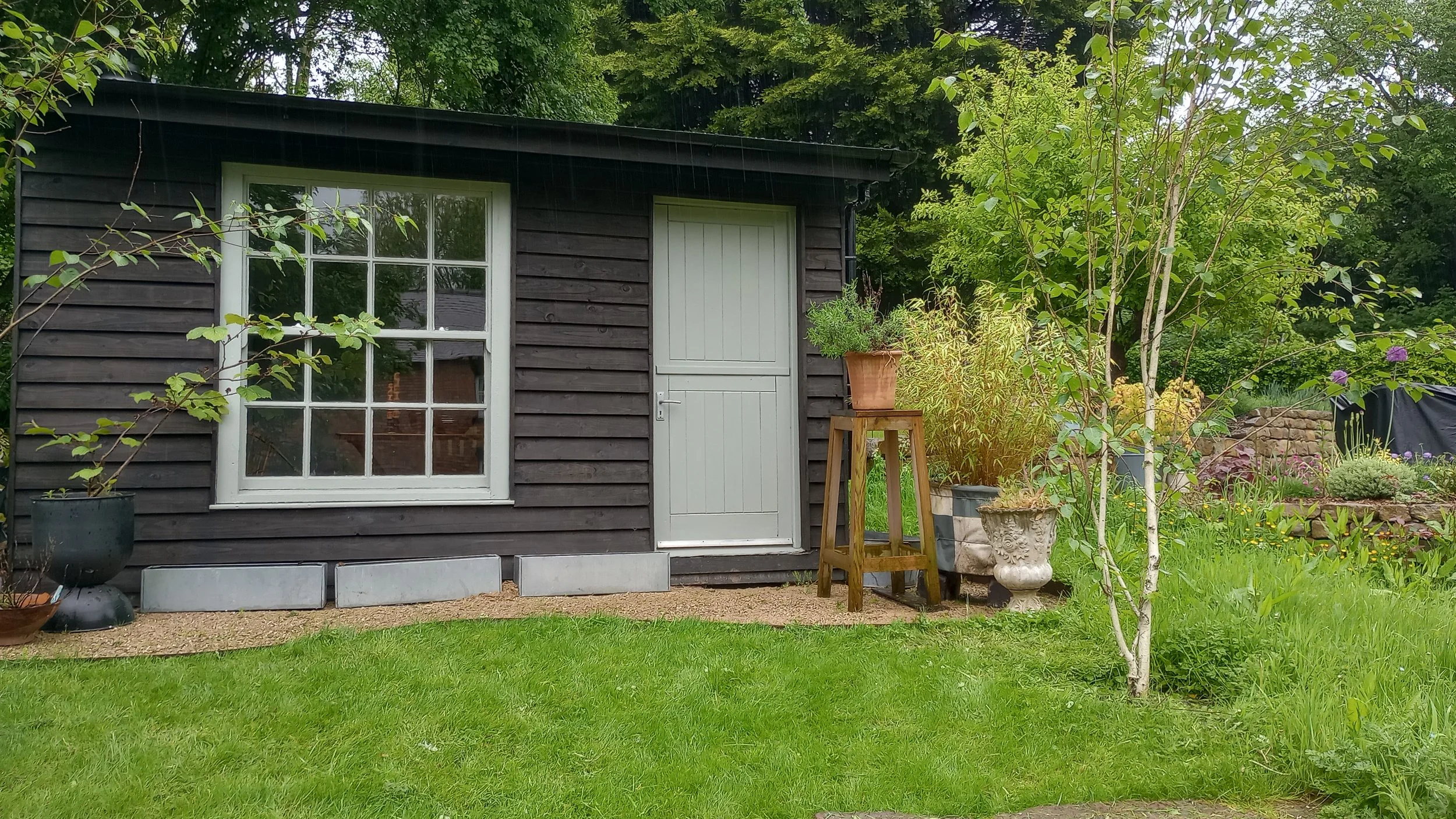 A small black wooden garden shed with white window and door trims, surrounded by green grass, potted plants, and trees, with a natural garden setting in the background.