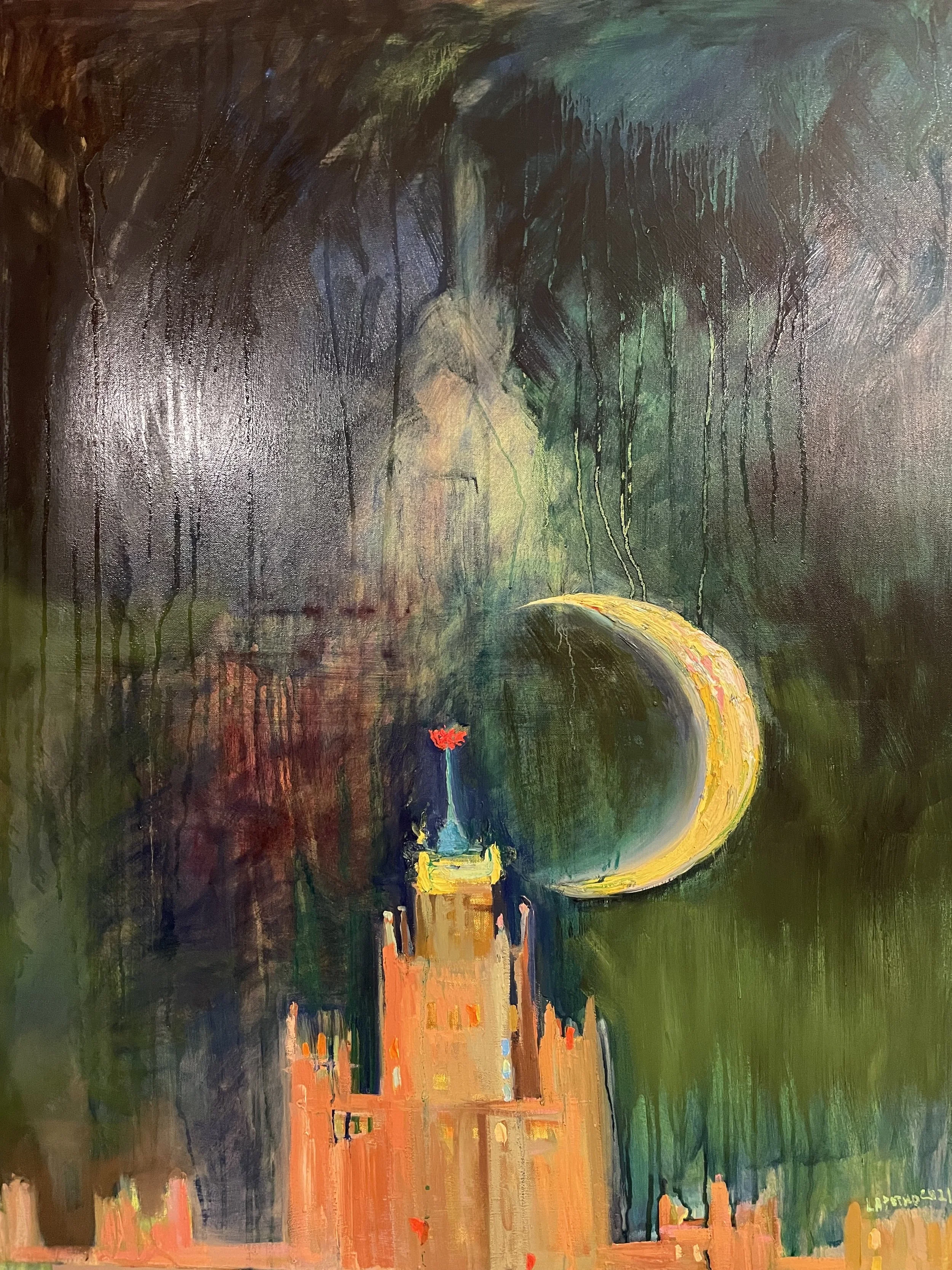 An abstract painting depicting a castle with a glowing yellow moon and a figure in blue with red flowers on their head, against a dark, cloudy sky with green and purple streaks.