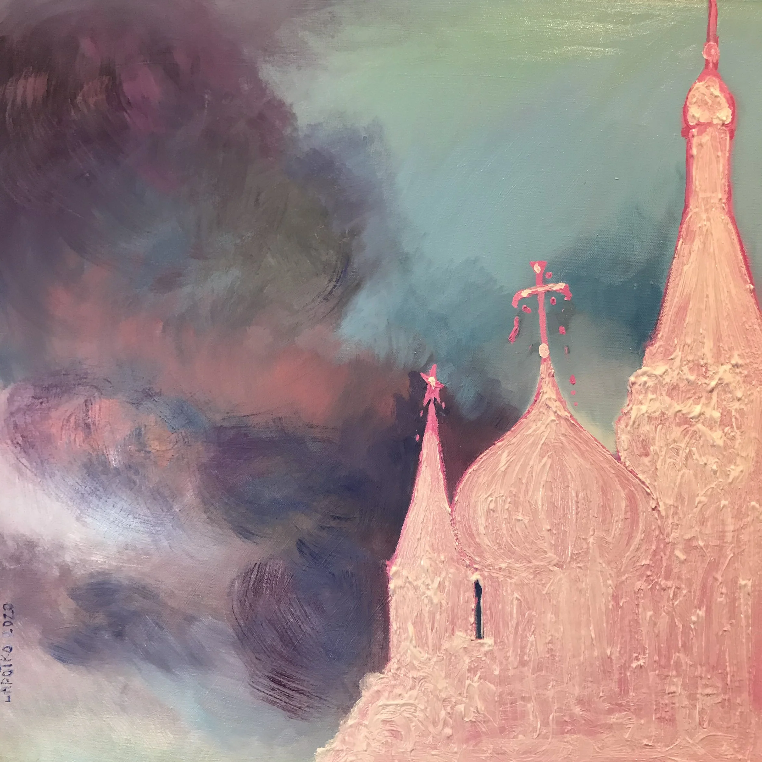 Painted depiction of a castle with pinkish turrets and domes against a dark, stormy sky.
