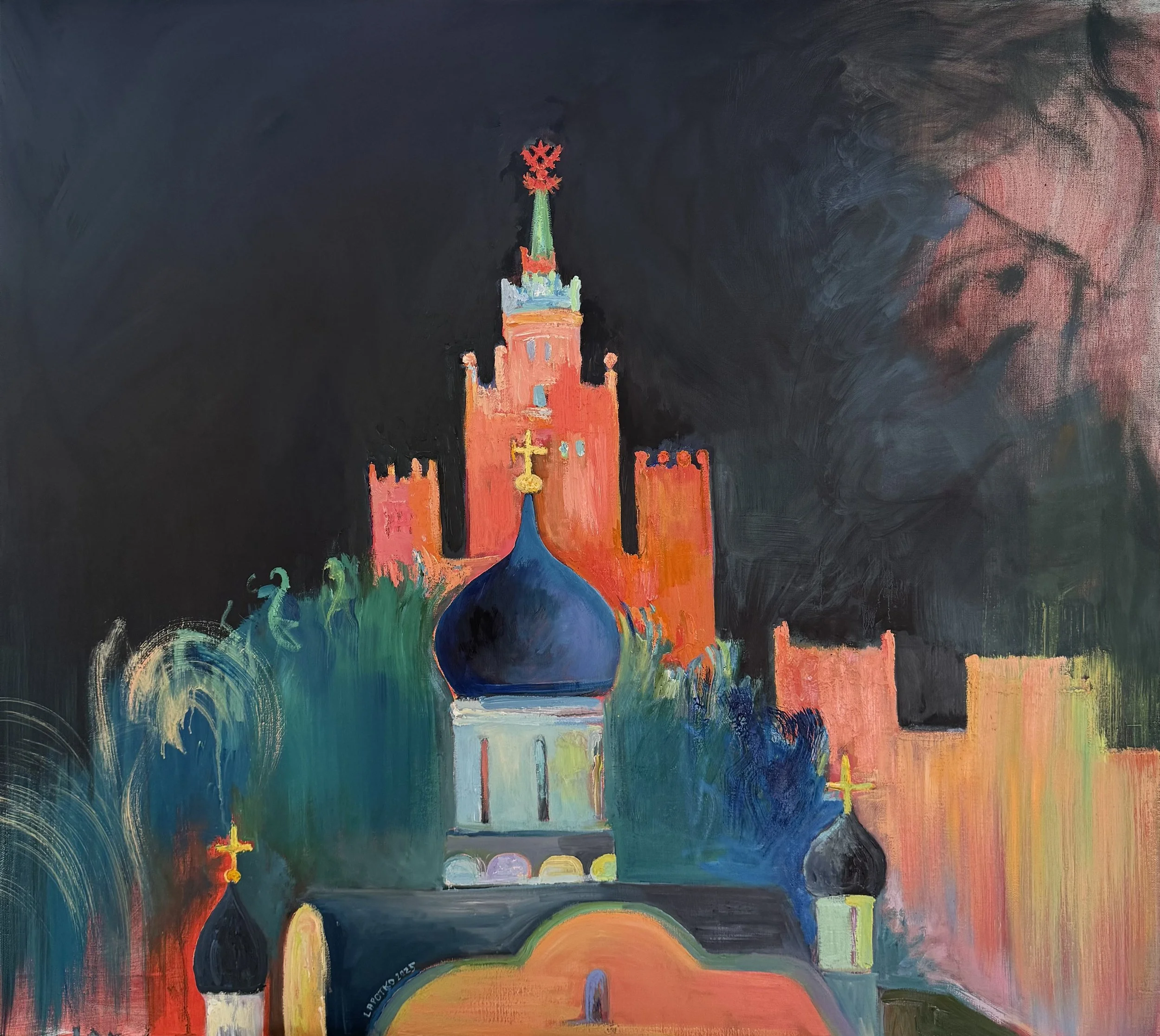 Colorful painting of a castle with domed roofs and crosses, set against a dark sky.
