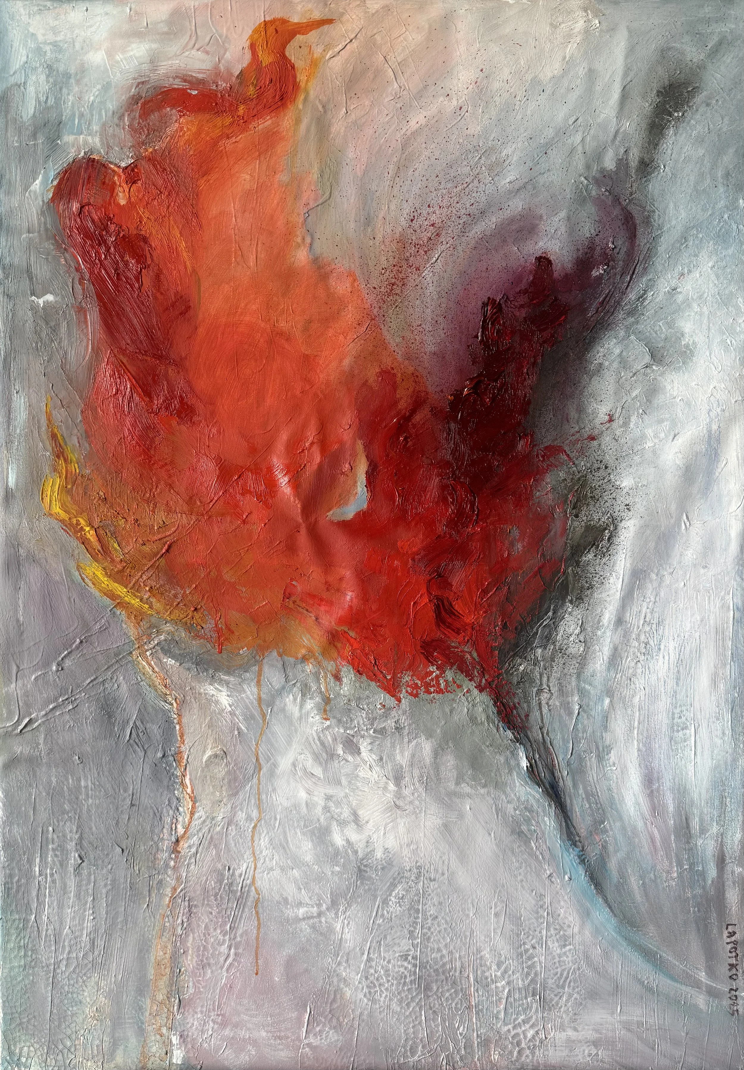 Abstract painting with a large red and orange fiery shape on a textured gray background.
