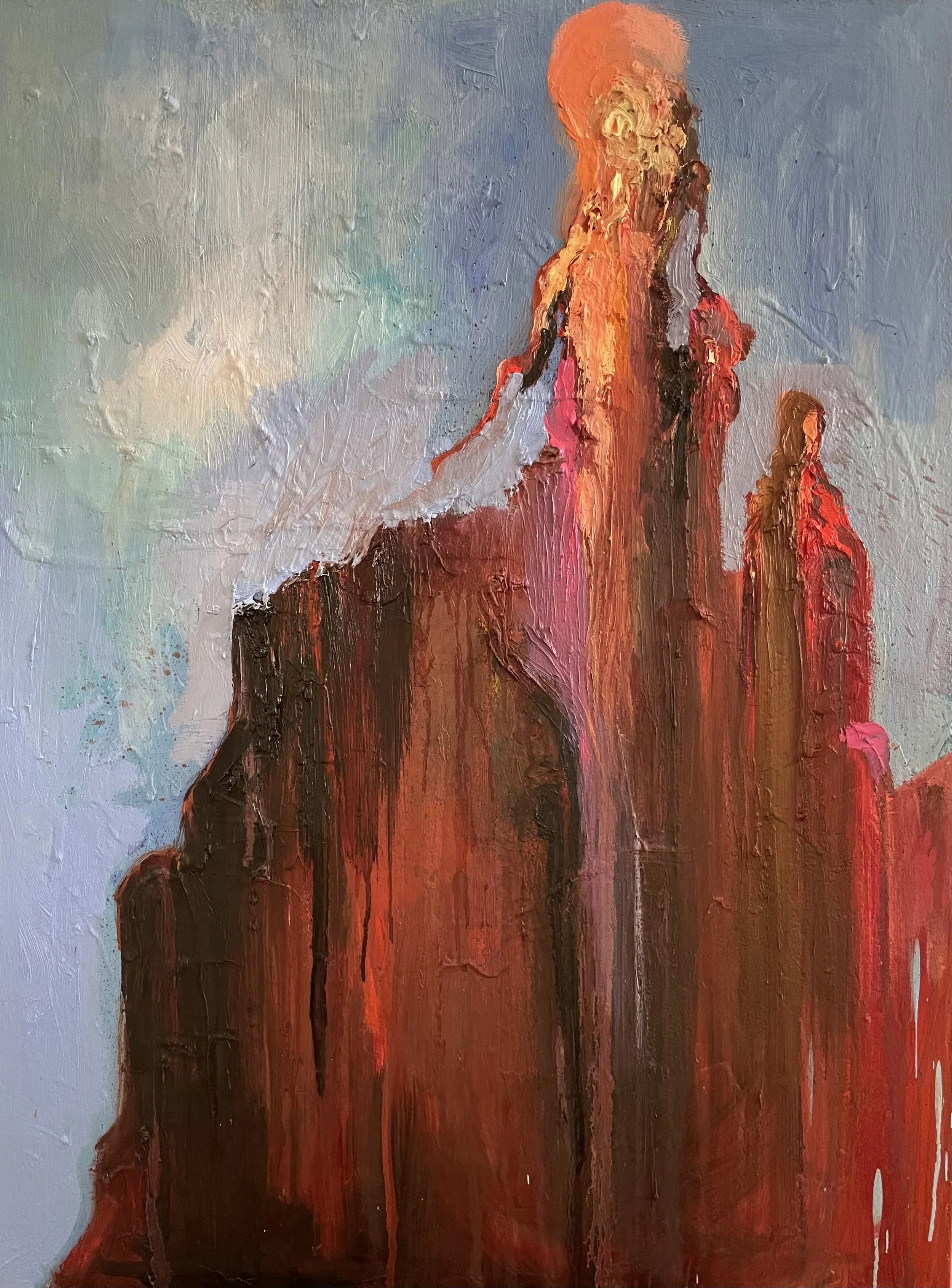Abstract painting of a mountain range with tall peaks in red, orange, pink, and brown tones, against a light blue and gray sky.