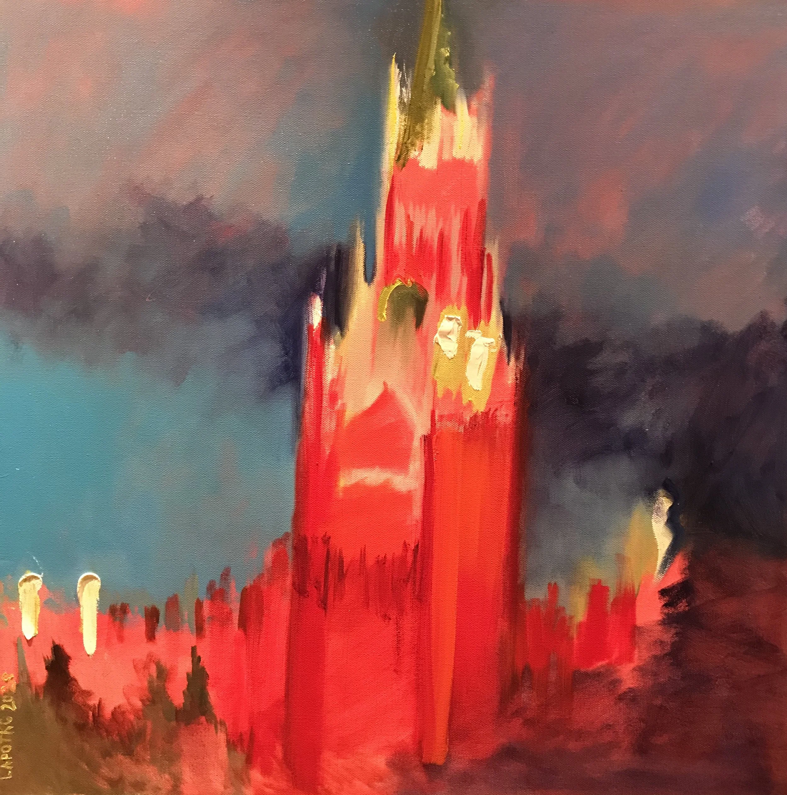 Abstract painting of a red tower or building with yellow and white highlights against a dark stormy sky.