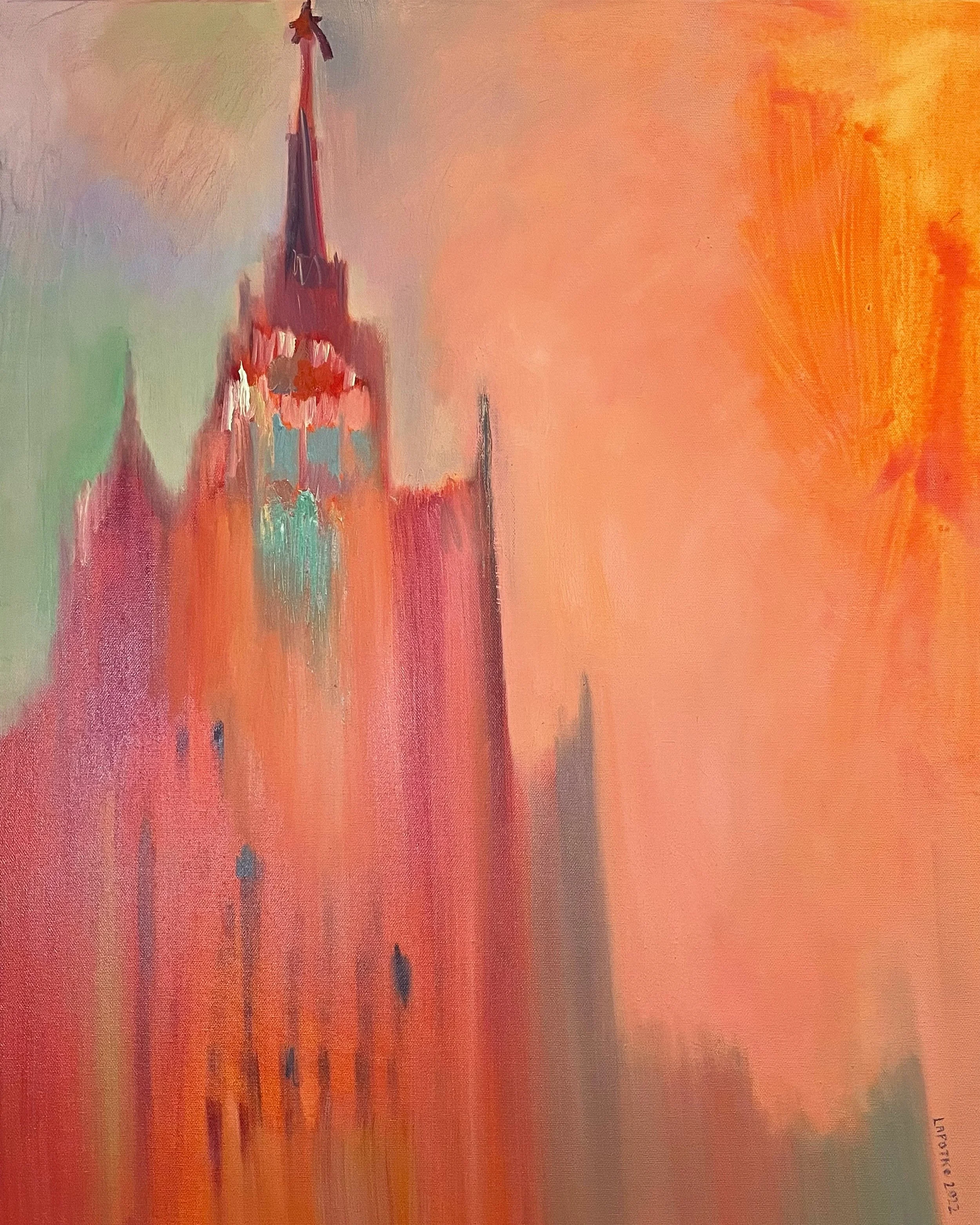 An abstract painting of a tall, pointed building with spires, in shades of pink, orange, and red, with a sun or bright light in the upper right corner.