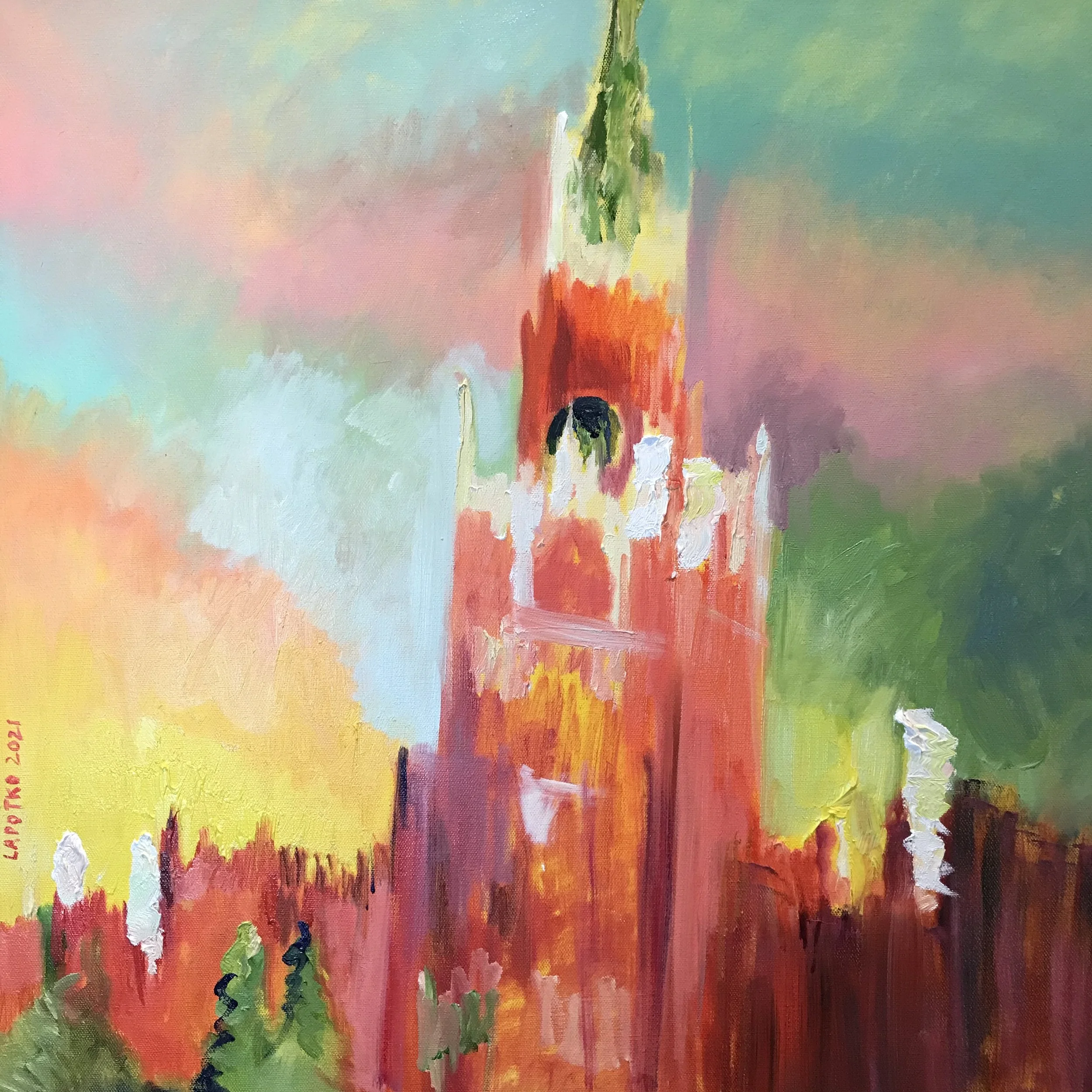 A colorful, abstract painting of a tall, red-brick church tower with a clock, set against a vibrant sunset sky with green, pink, yellow, and blue hues. Green trees are at the base of the tower.