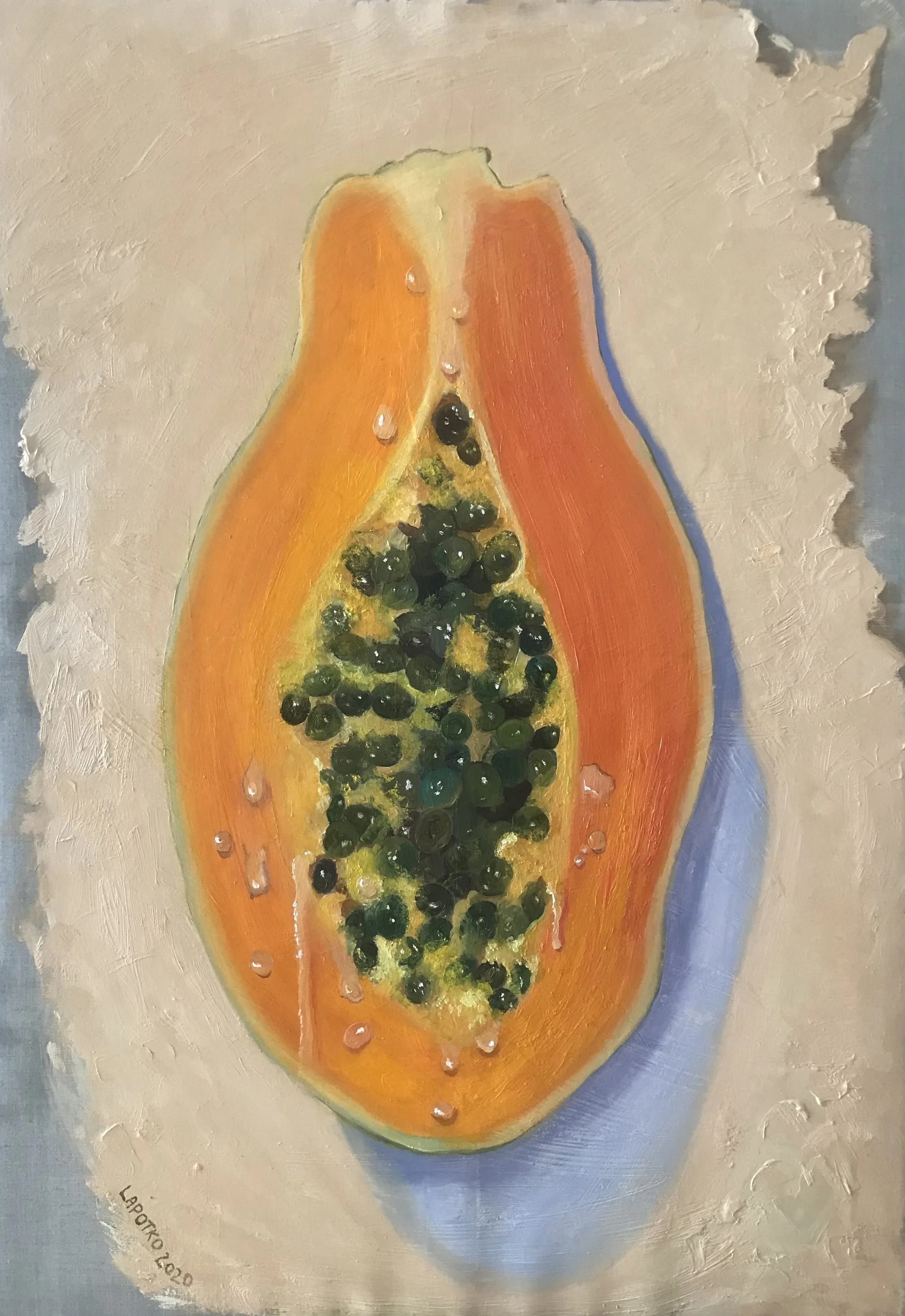 Painting of a halved papaya with black seeds on a textured beige background.