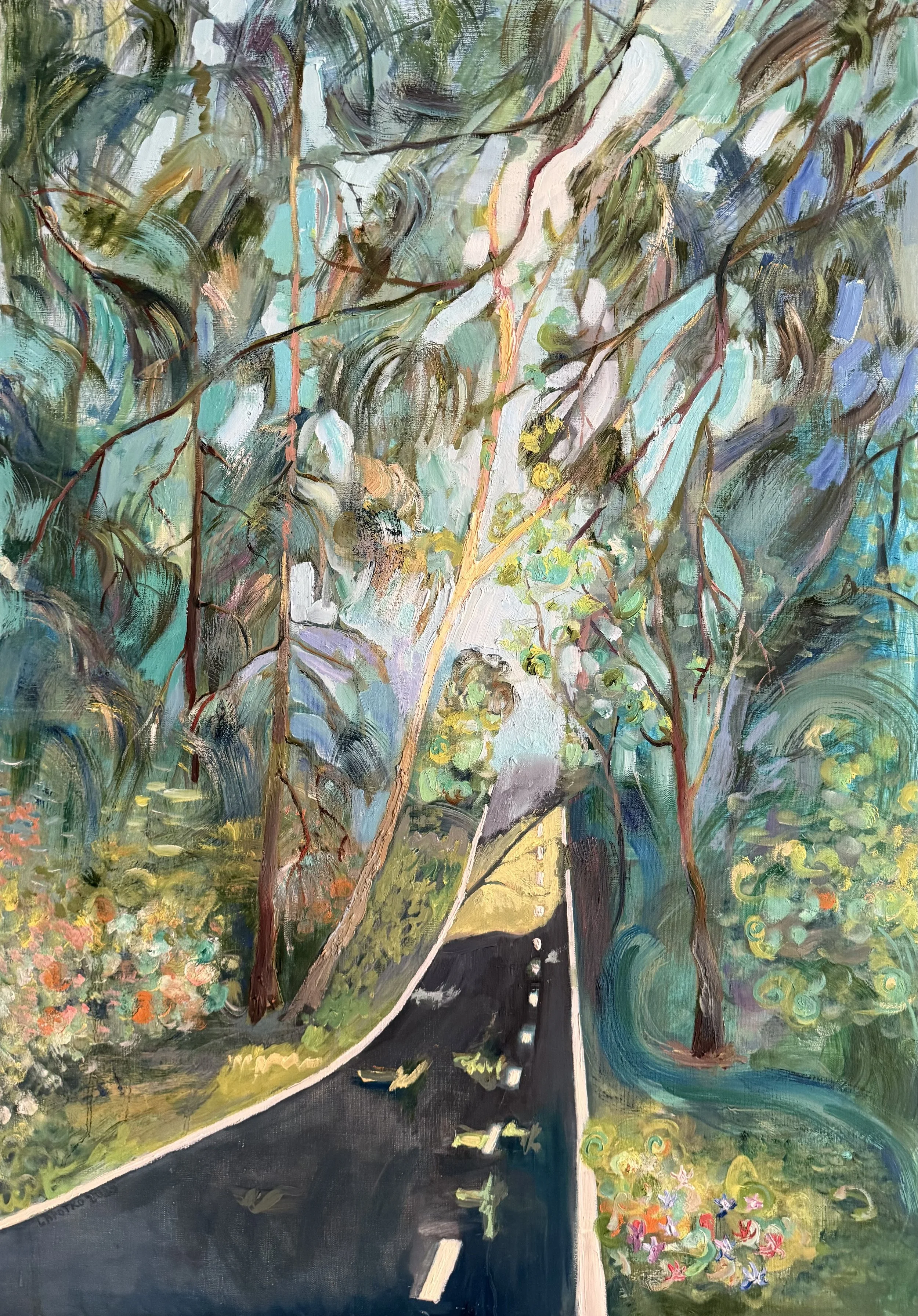 An abstract painting of a winding road through a lush, colorful forest with trees, flowers, and a river, painted in vibrant, expressive brushstrokes.