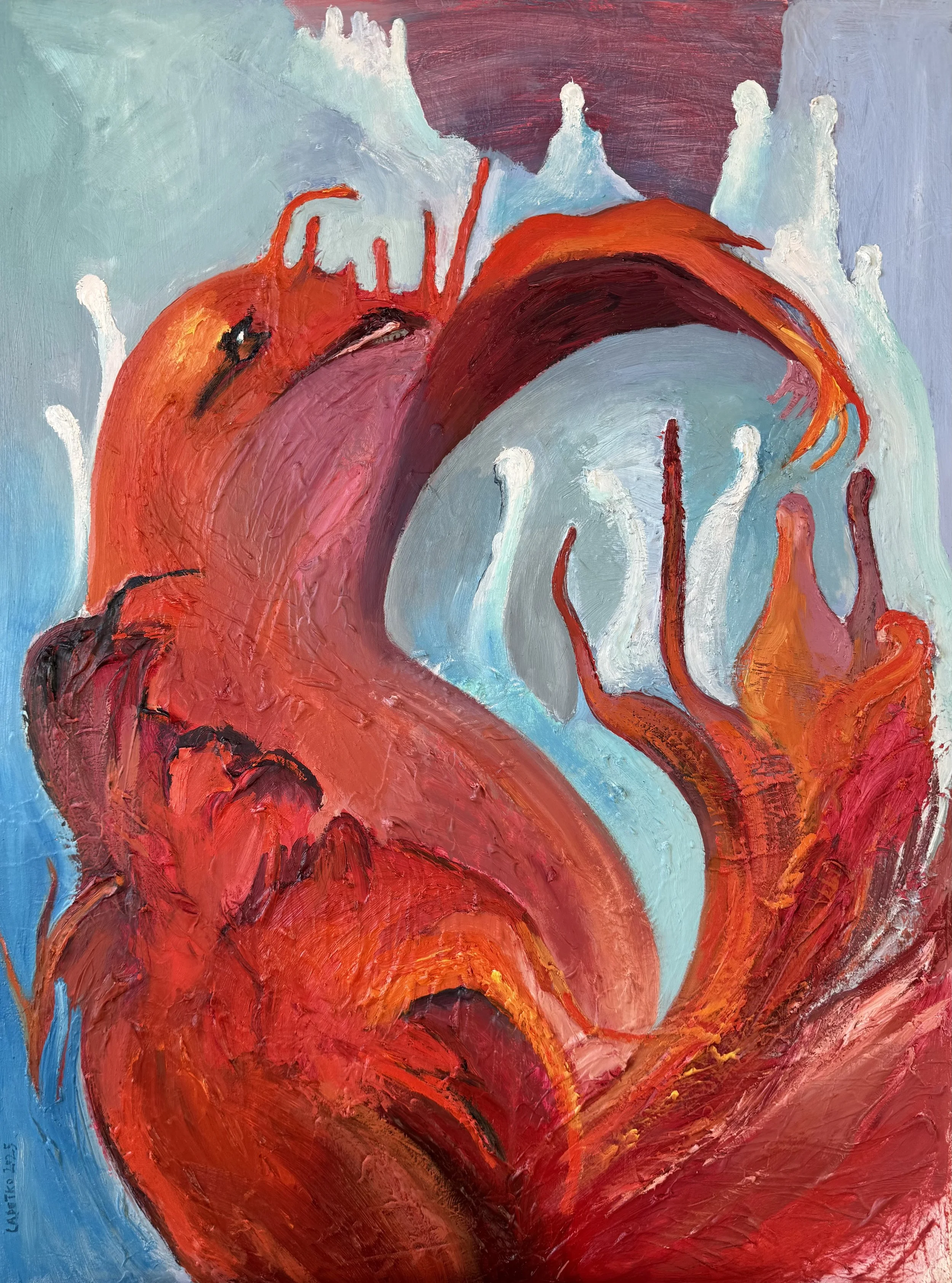 An abstract painting featuring vivid reds, oranges, and blues with swirling shapes and textures.