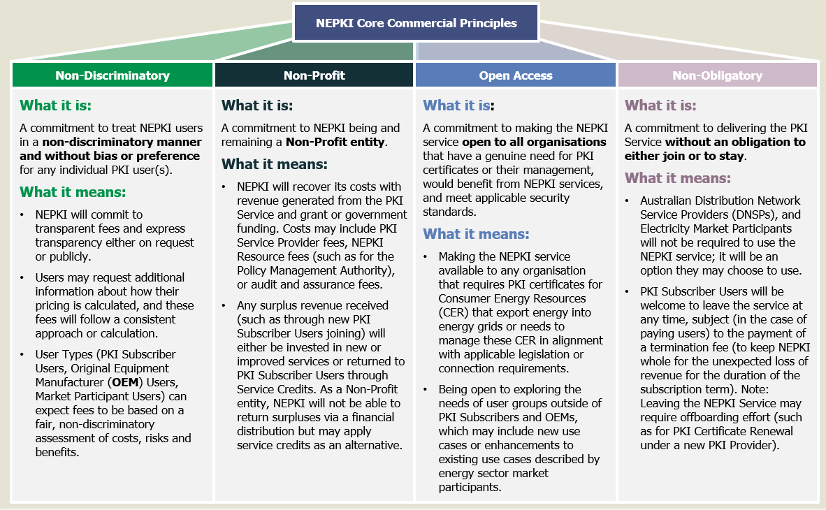 A detailed chart outlining NEPKI Core Commercial Principles, divided into four sections: Non-Discriminatory, Non-Profit, Open Access, and Non-Obligatory. Each section explains what it is and what it means in relation to NEPKI policies, including commitments to transparency, inclusivity, cost recovery, and service delivery.
