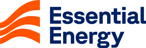 The Essential Energy logo with orange and black striped design and blue text.