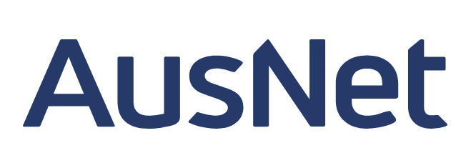 A logo with the word 'AusNet' in dark blue text on a black background.
