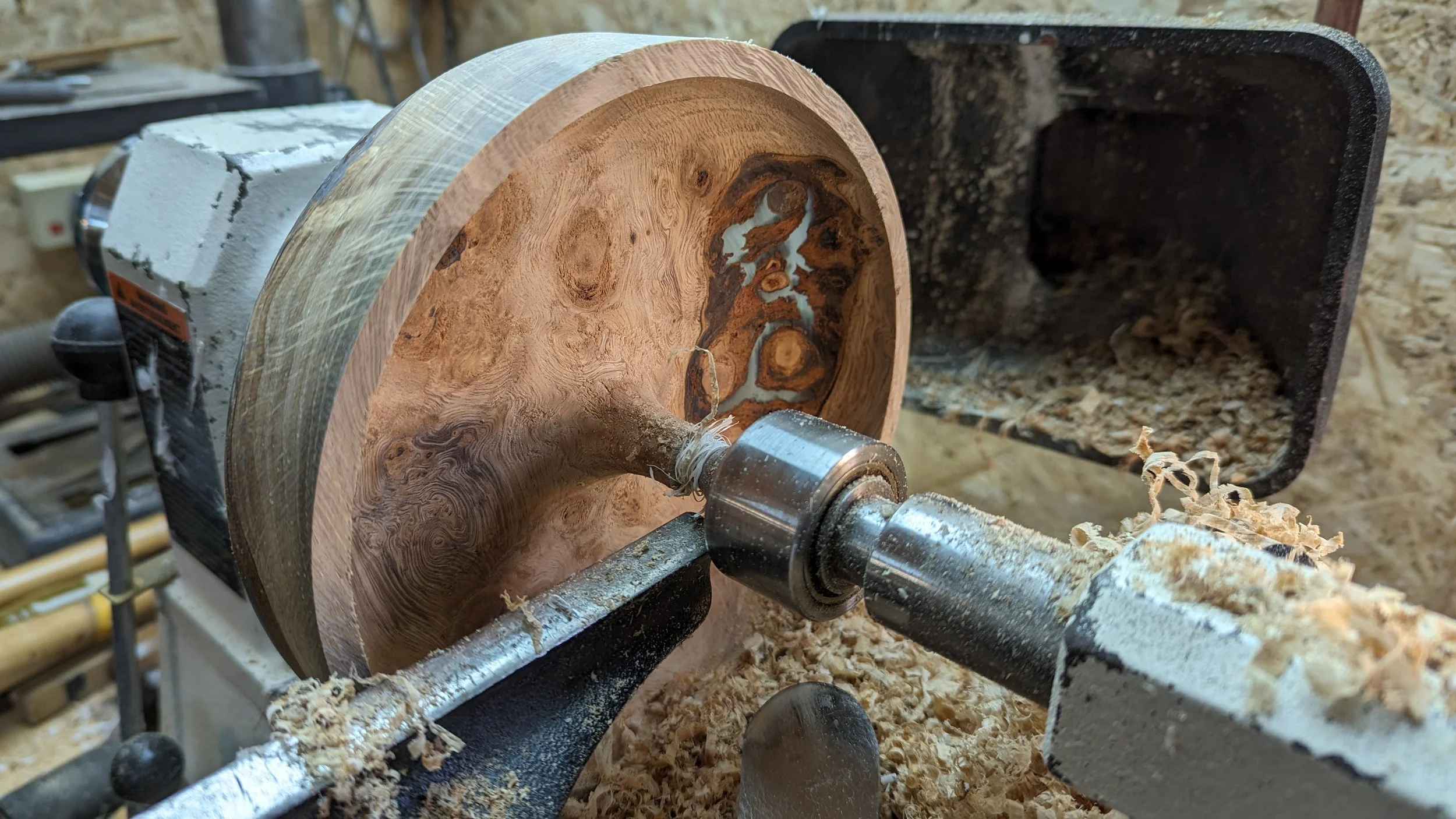 A character oak bowl in the process of being hollowed out