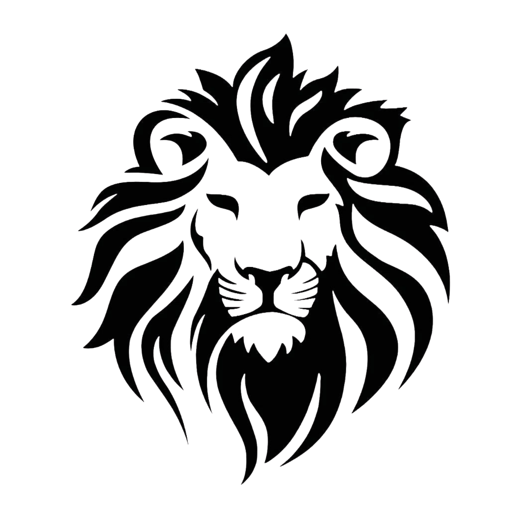 Line drawing of a lion's face with a detailed mane on a black background.