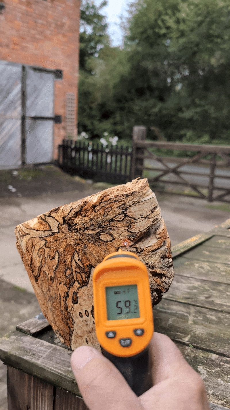 A heavily spalted silver birch blank, fresh from the microwave and steaming heavily