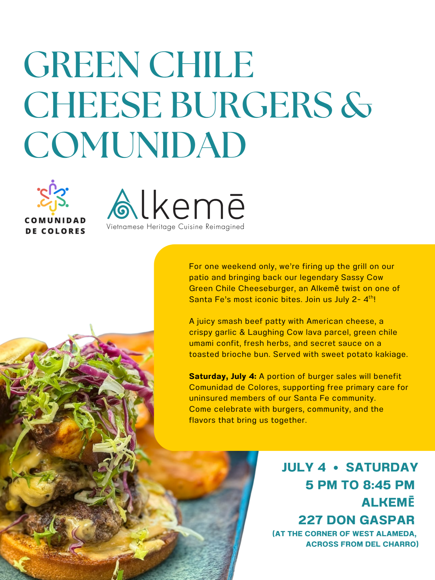 Hamburguesas con queso y chile verde y Comunidad 