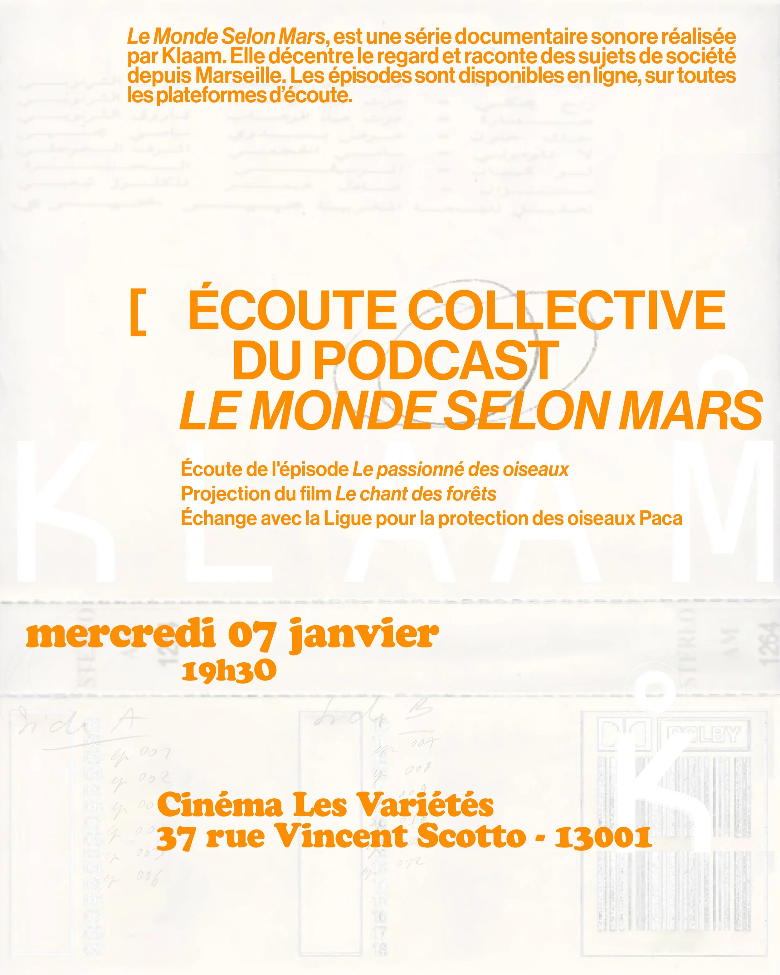 Affiche promotionnelle pour un podcast nommé "Le Monde Selon Mars" présentant le programme, la date, 7 janvier, 19h30, et l'emplacement, cinéma Les Variétés, 37 rue Vincent Scotto - 13001.